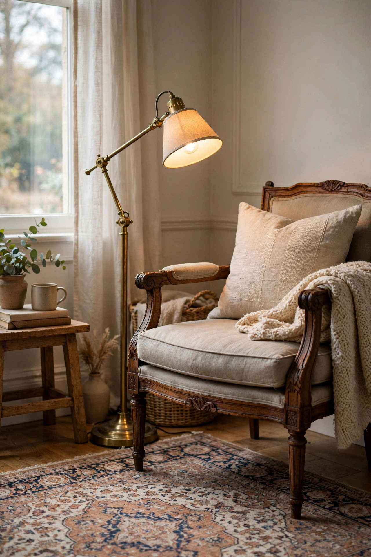 A vintage brass pharmacy floor lamp glowing warmly beside an antique wooden armchair on a Persian rug.
