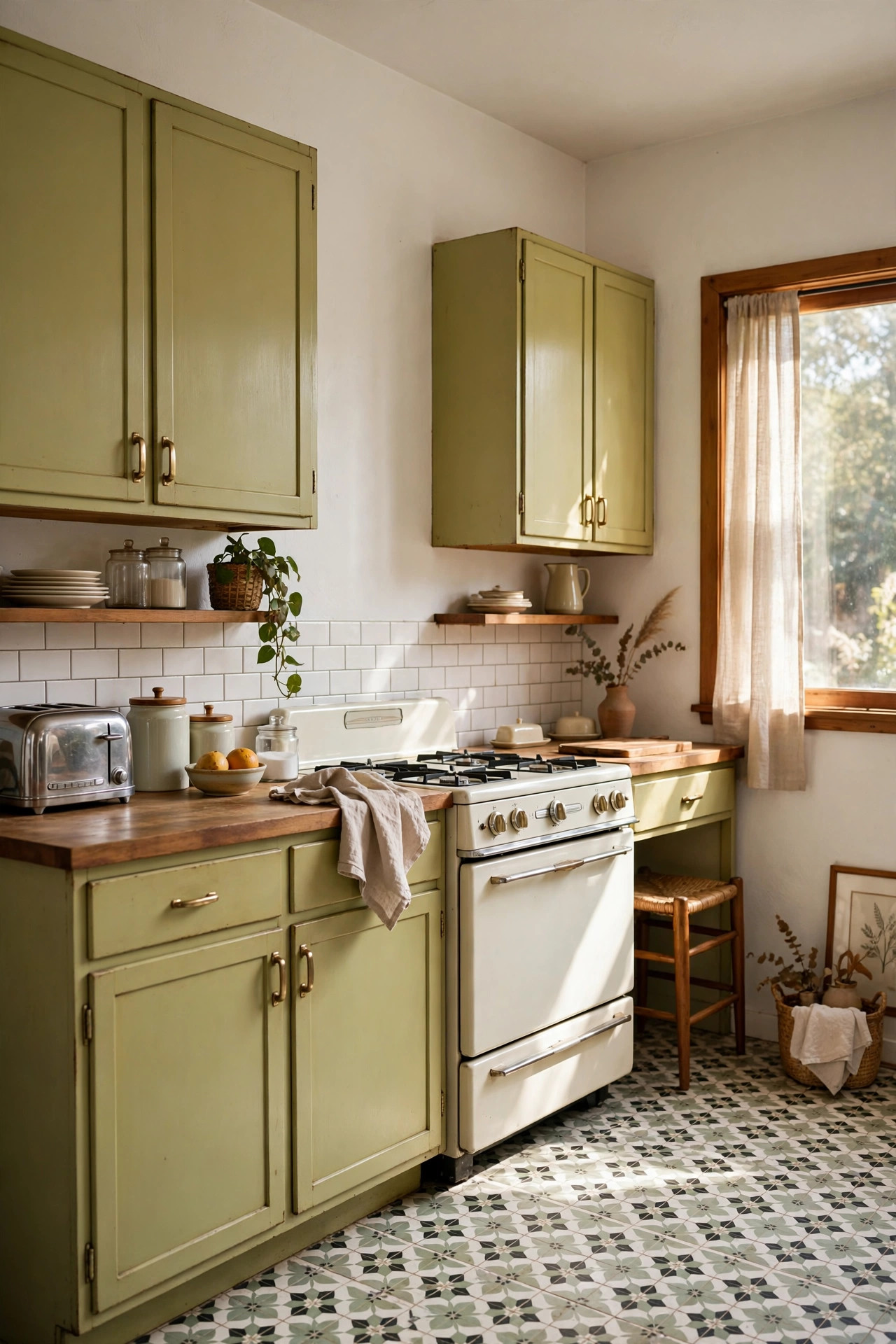 Mid century kitchen with muted avocado green vintage cabinets and patterned floor tile.