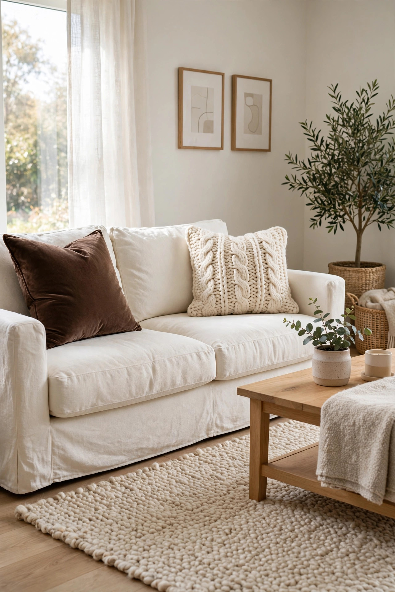 Beige sofa styled with a black velvet pillow and a pale gray chunky knit pillow with monochrome art behind