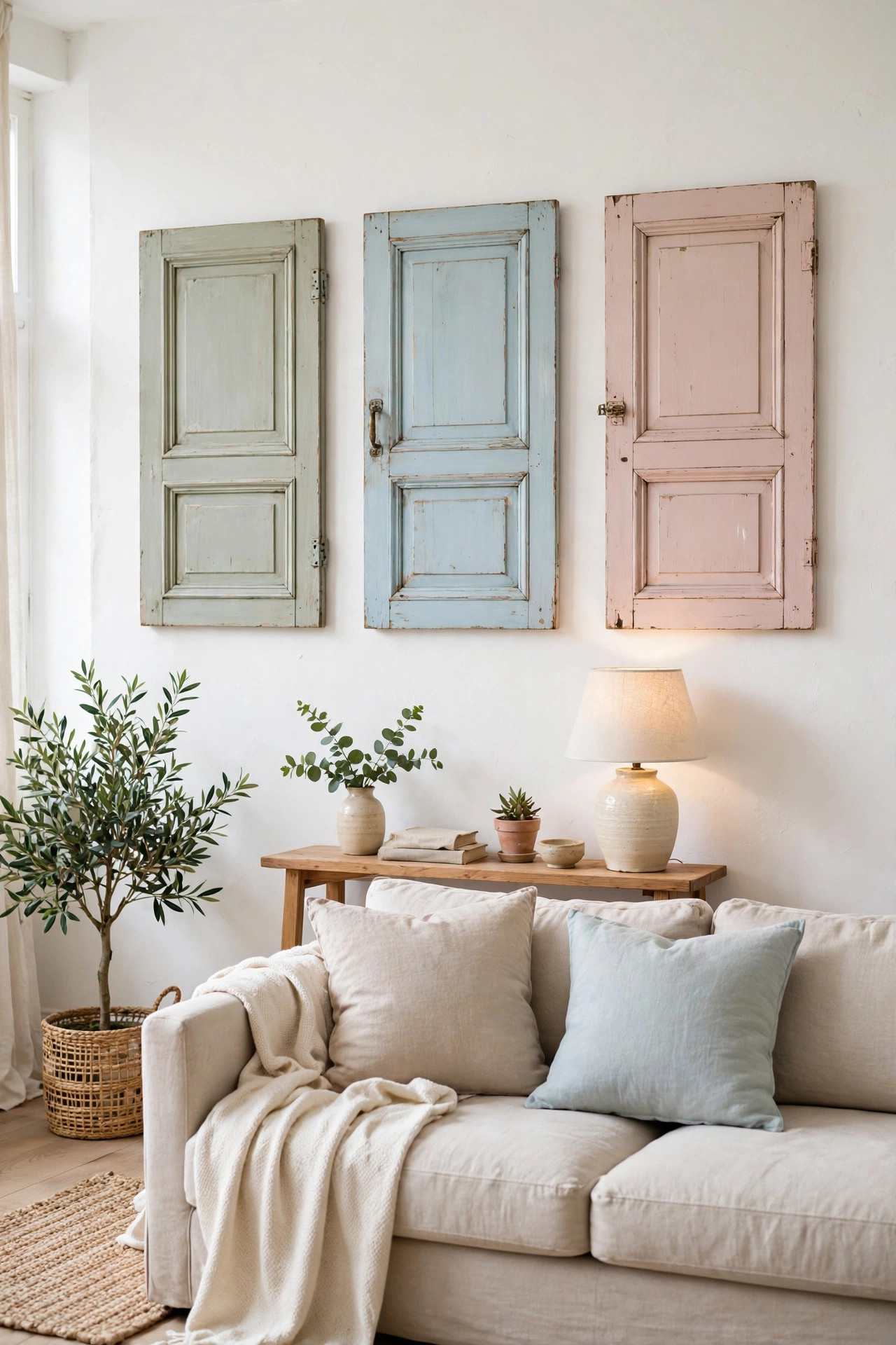 15 Thrift Store Furniture Flips Worth Trying 16 Vintage cabinet doors painted pastel colors hung as wall art above a sofa
