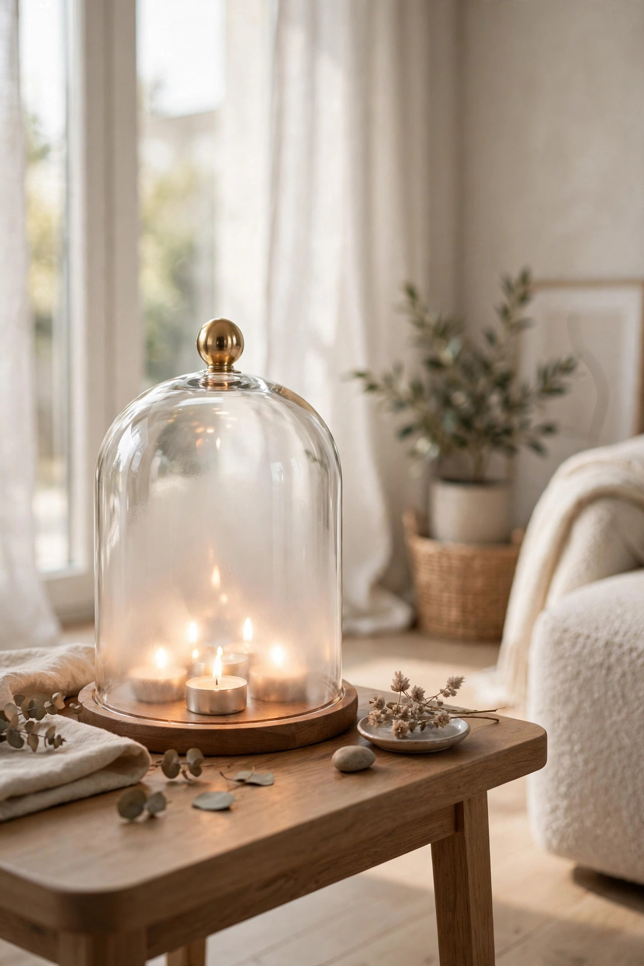 Glass cloche dome over a cluster of tea light candles on a side table