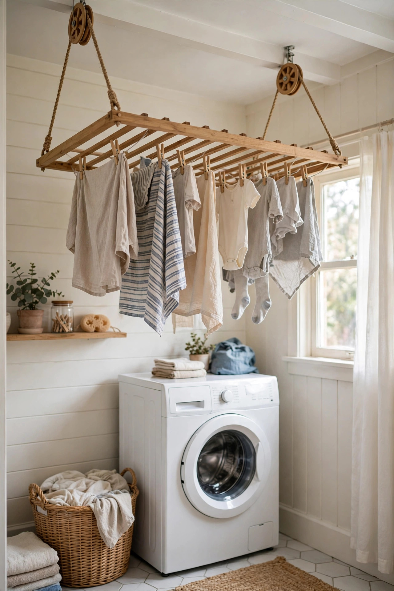 Ceiling drying rack with clothes