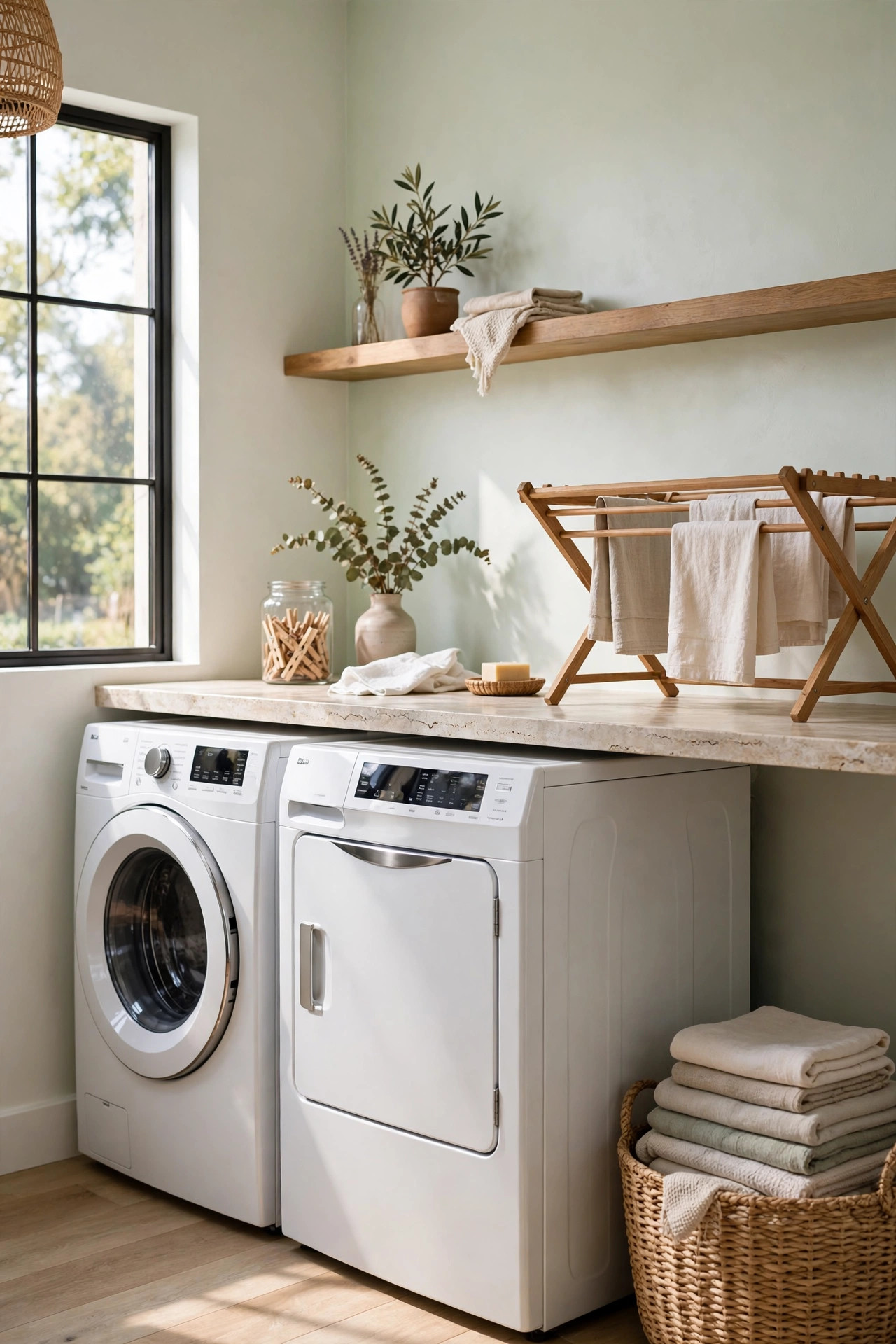 15 Warm White Paint Colors That Work in Every Room 16 Laundry room with warm white walls, white washer and dryer, stone counter, and a sunny window