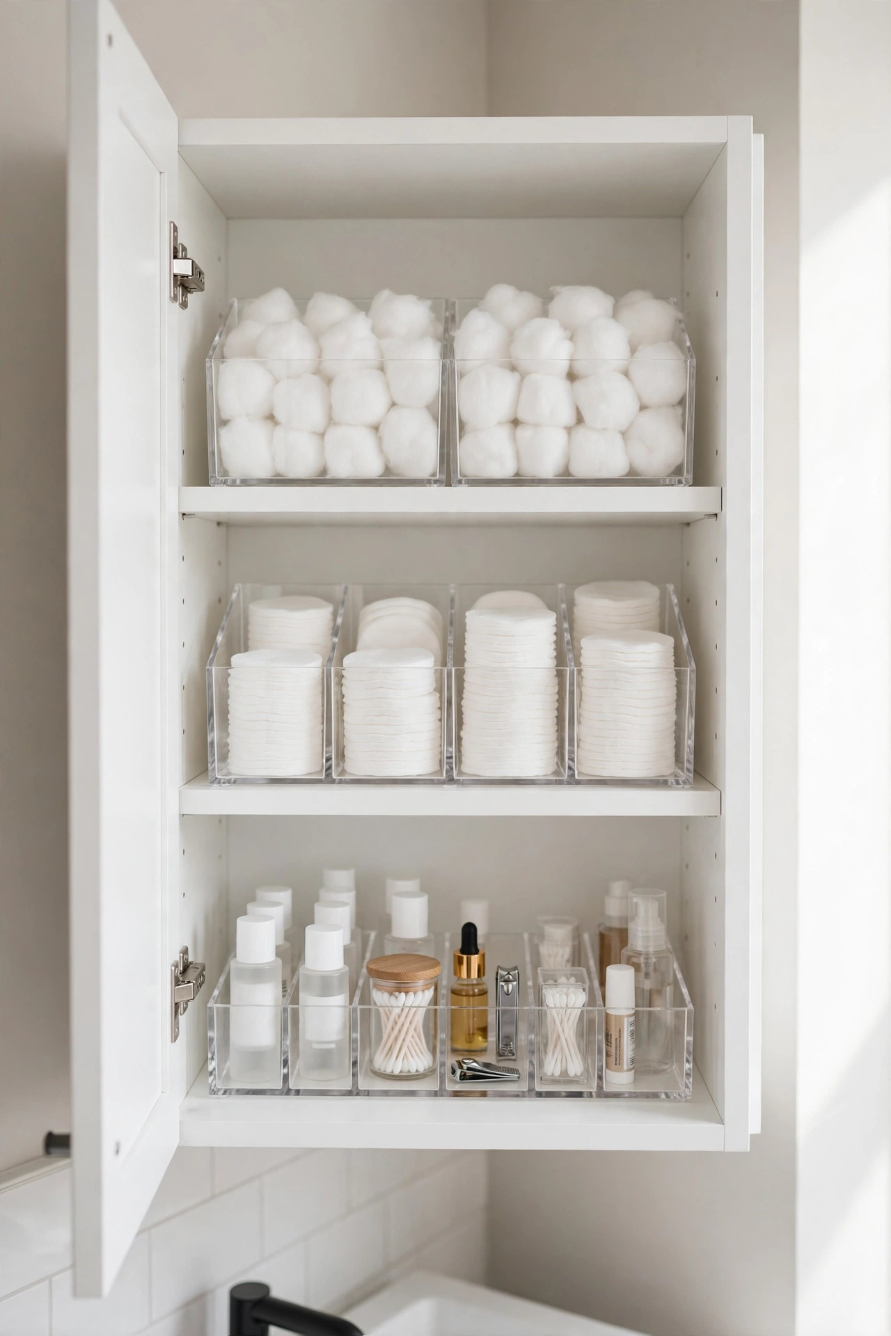 Clear acrylic organizers with toiletries inside an open bathroom cabinet.