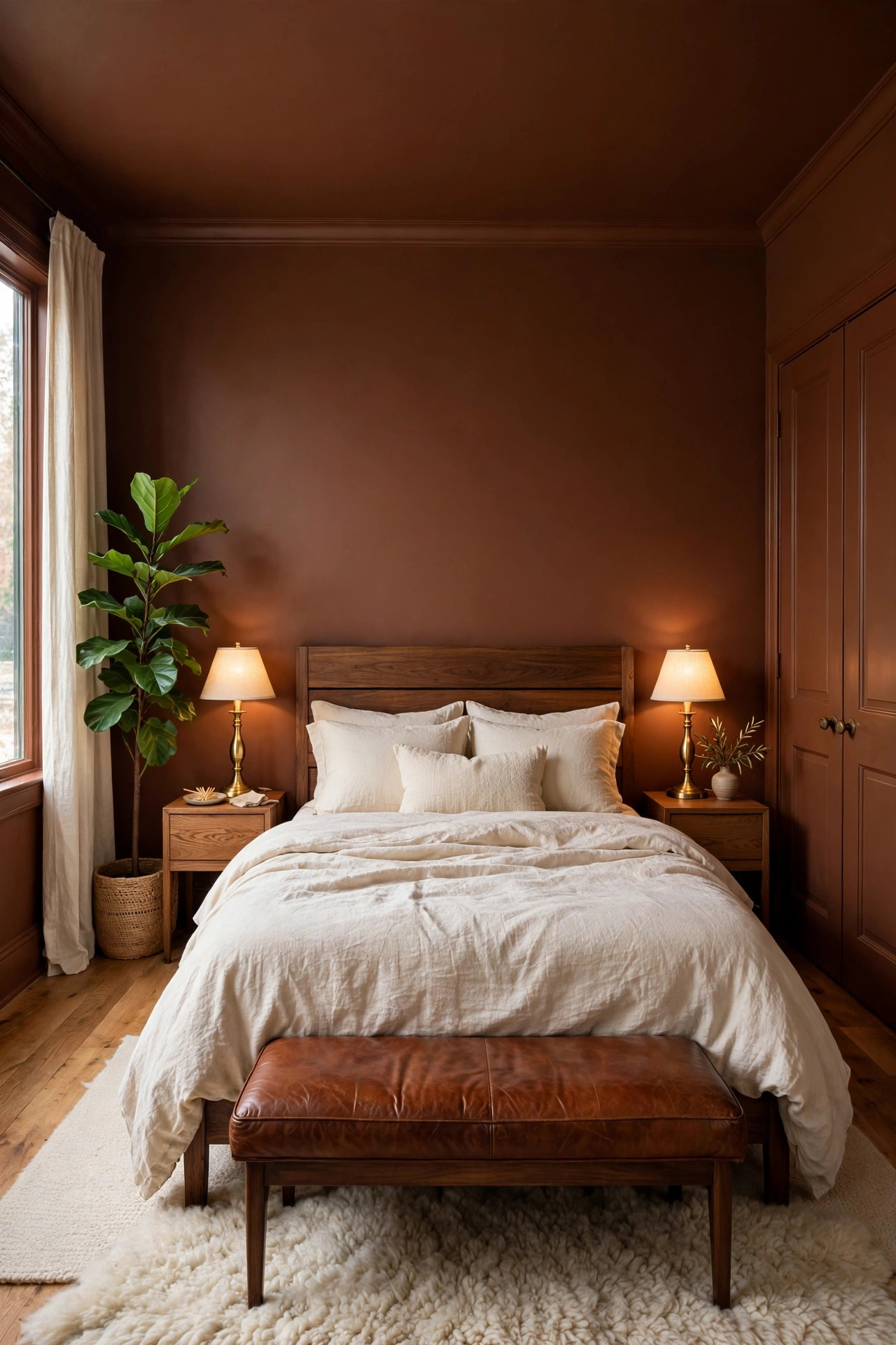 Cocoa brown bedroom with cozy painted walls and ceiling