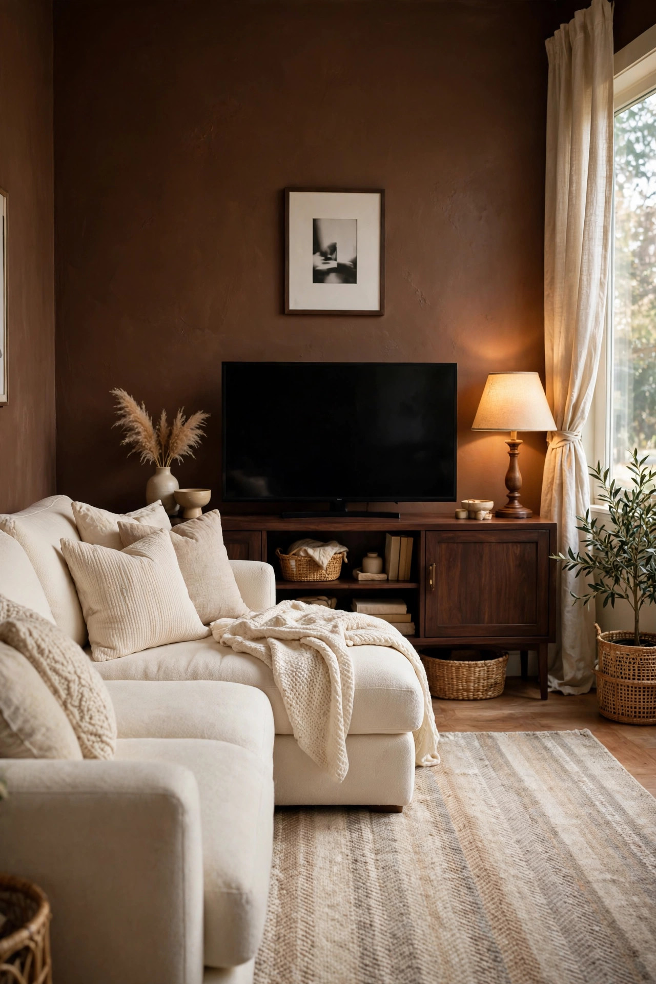 16 Earthy Paint Colors That Make a Home Feel Grounded 16 TV room with cocoa brown walls, a cream sectional, a wood media console, and a soft area rug