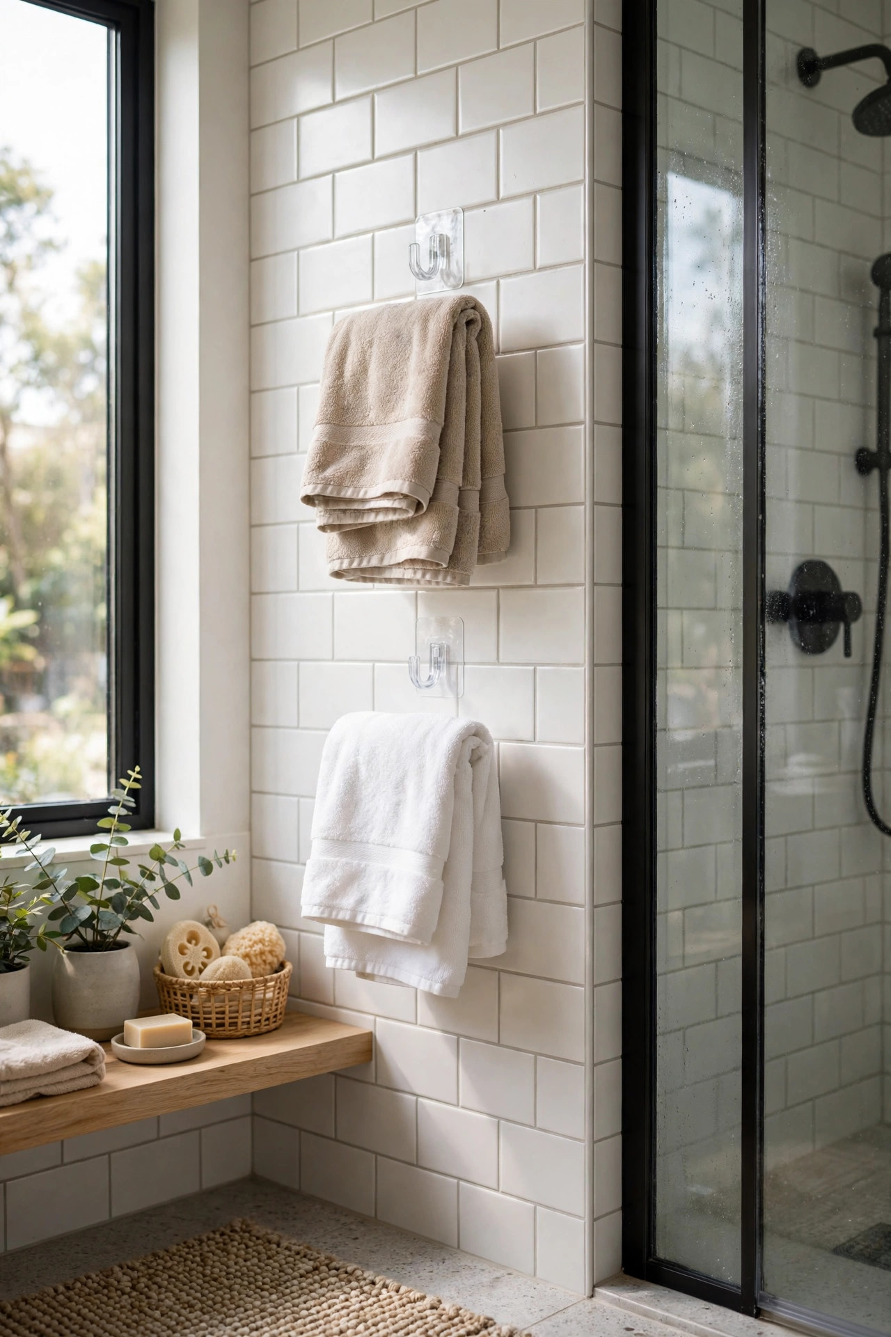 19 Rental Bathroom Ideas That Make It Feel Like Your Own 16 Removable adhesive towel hooks on a tiled bathroom wall beside the shower holding folded white and beige bath towels.