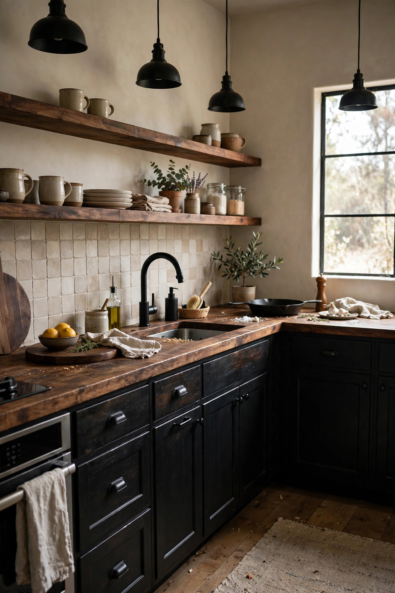 Dark wood butcher block countertops on black kitchen base cabinets.