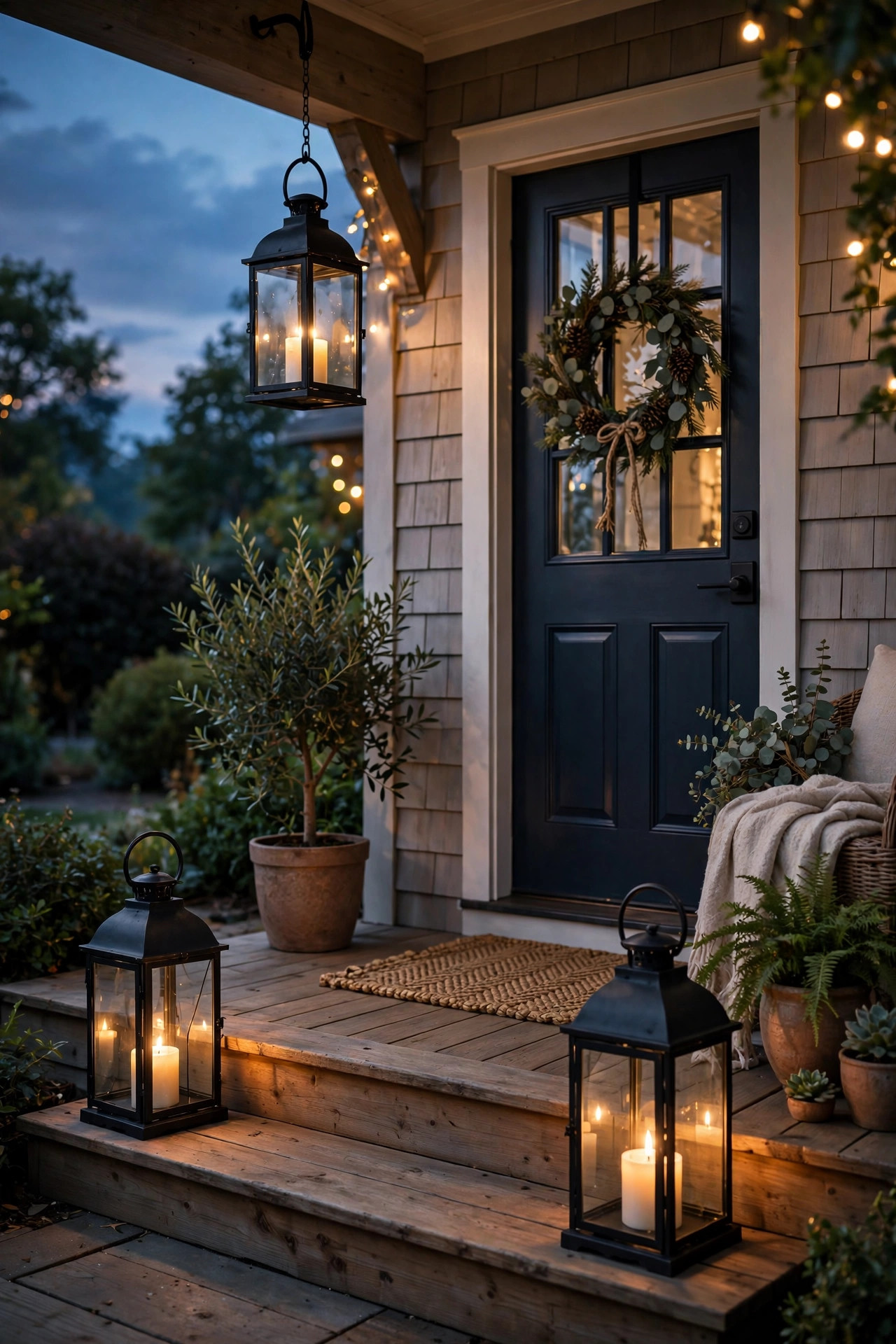 19 Dollar Store Decor Ideas That Look Way More Expensive 16 Black metal lanterns with glass panels and glowing candles on a welcoming front porch at dusk