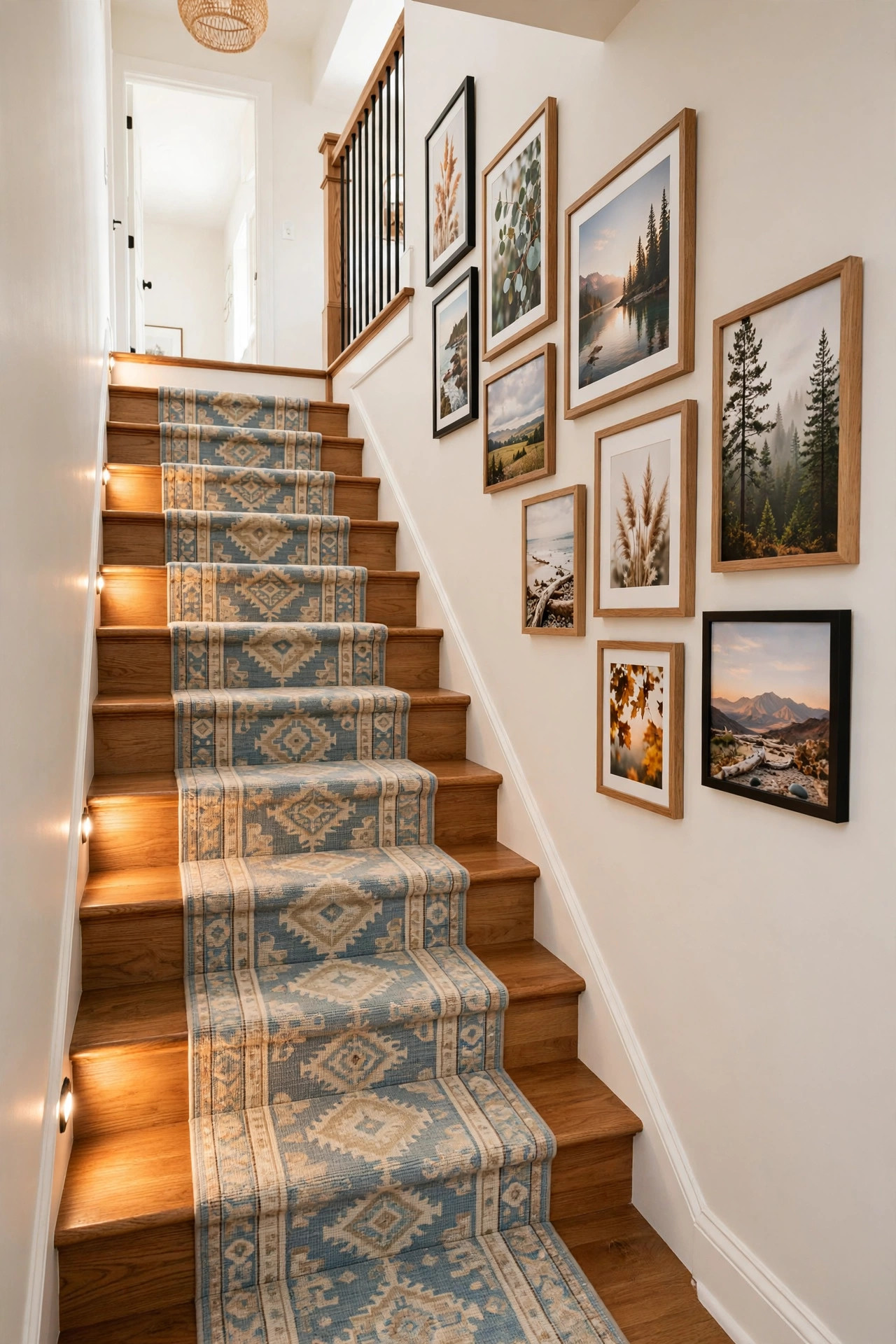 A bright basement staircase with a runner rug, framed photos on the wall, and warm step lighting.