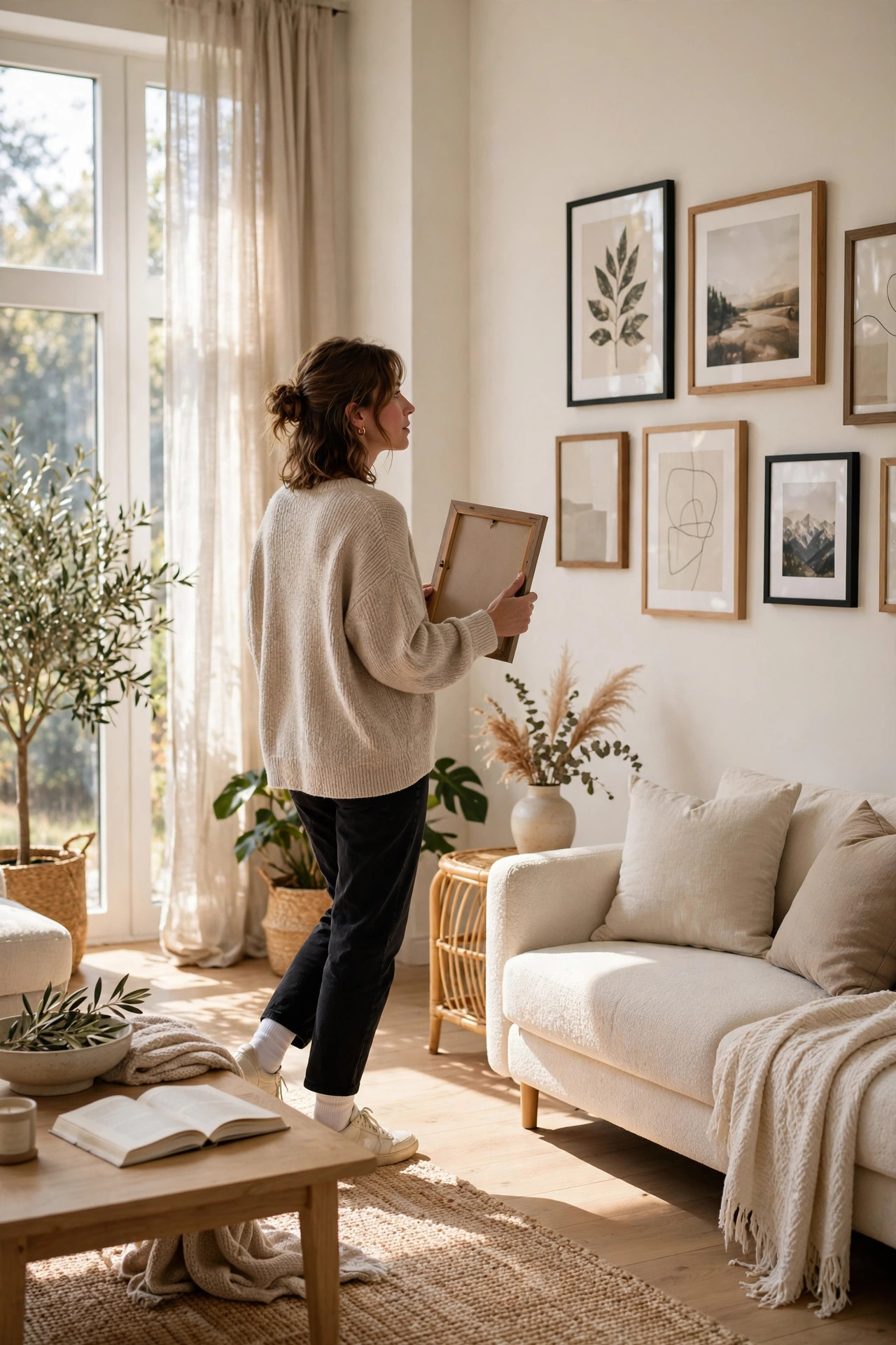 15 Gallery Wall Ideas That Look Curated, Not Cluttered 16 A person steps back across a sunlit living room to study a finished gallery wall before making a final edit.