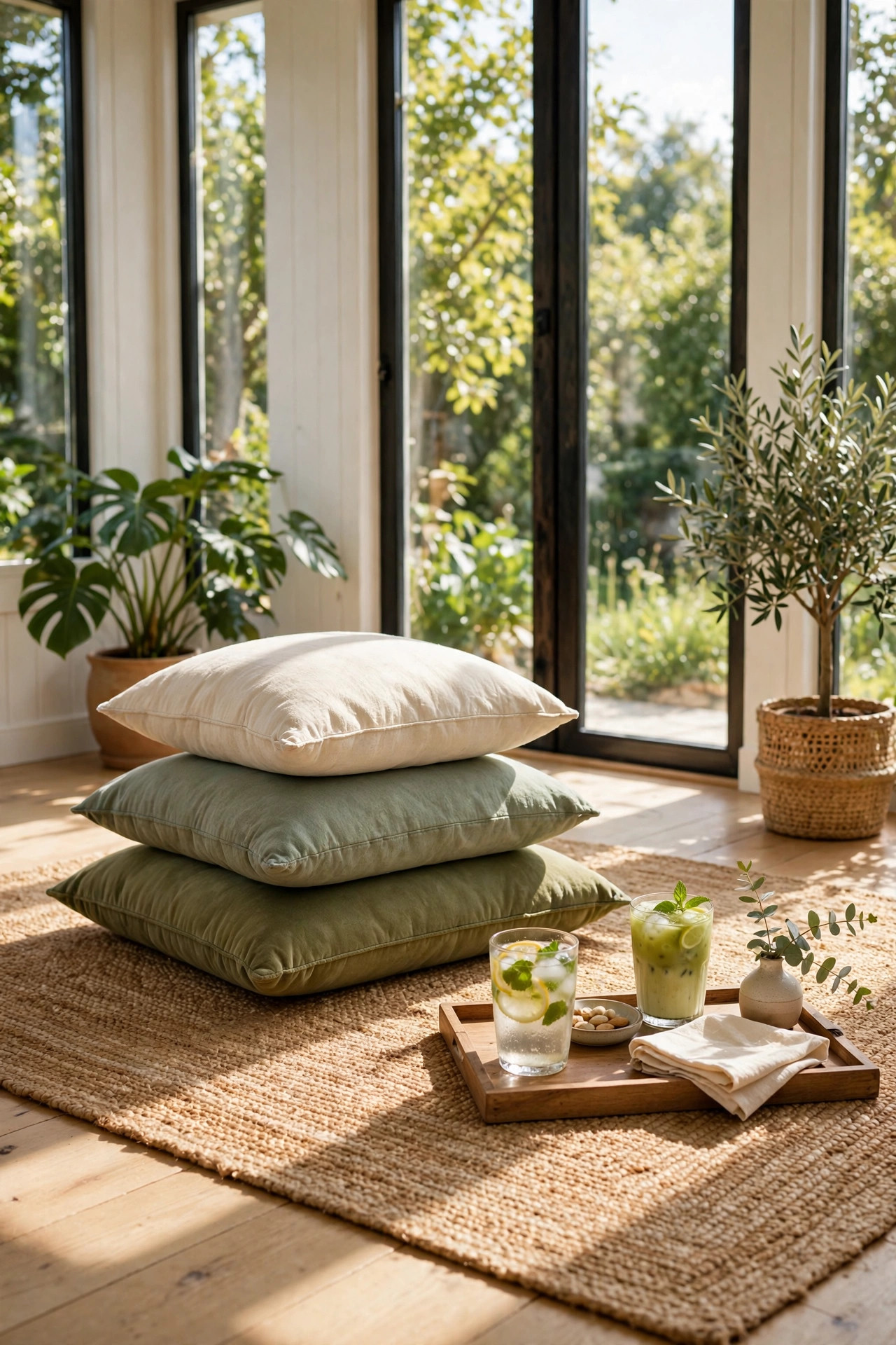 Large floor cushions in greens and creams stacked on a jute rug by tall windows