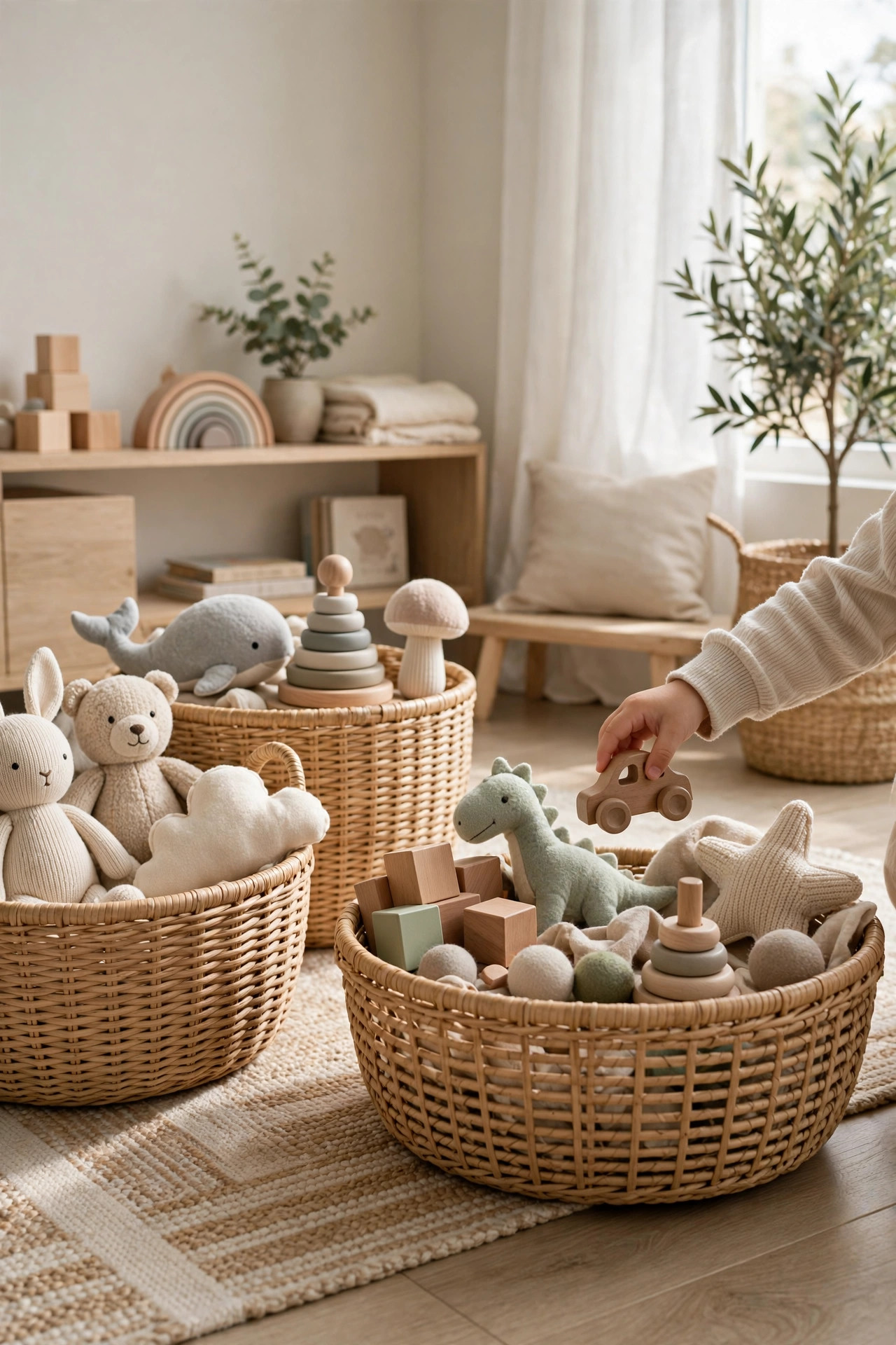 16 Playroom Ideas That Keep the Mess Contained 16 Large woven floor baskets holding toys around a playroom, one basket mid tidy-up.
