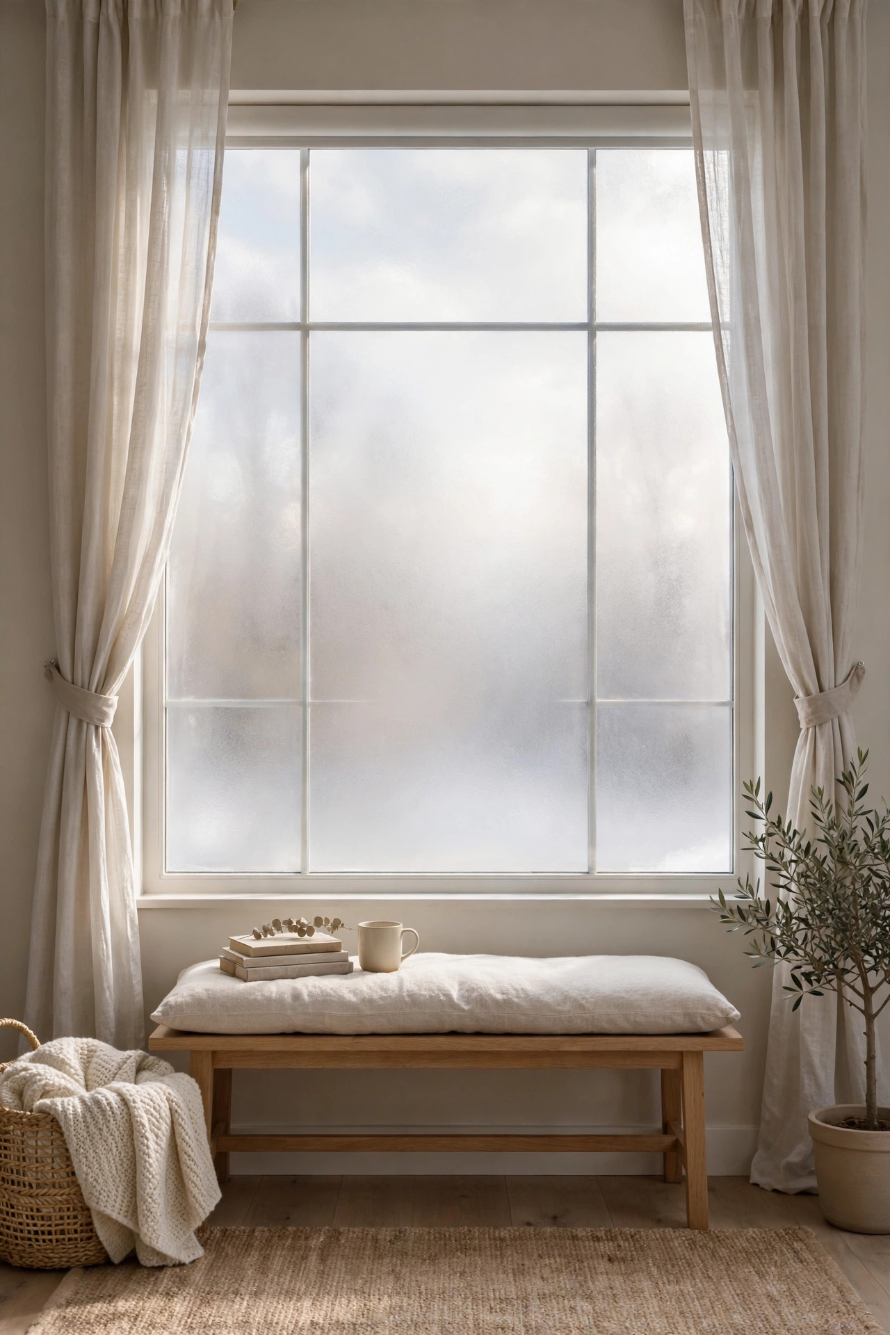 Cozy Winter Home Decor Ideas for After the Holidays 16 Bright window with frosted privacy film glowing with soft diffused winter daylight