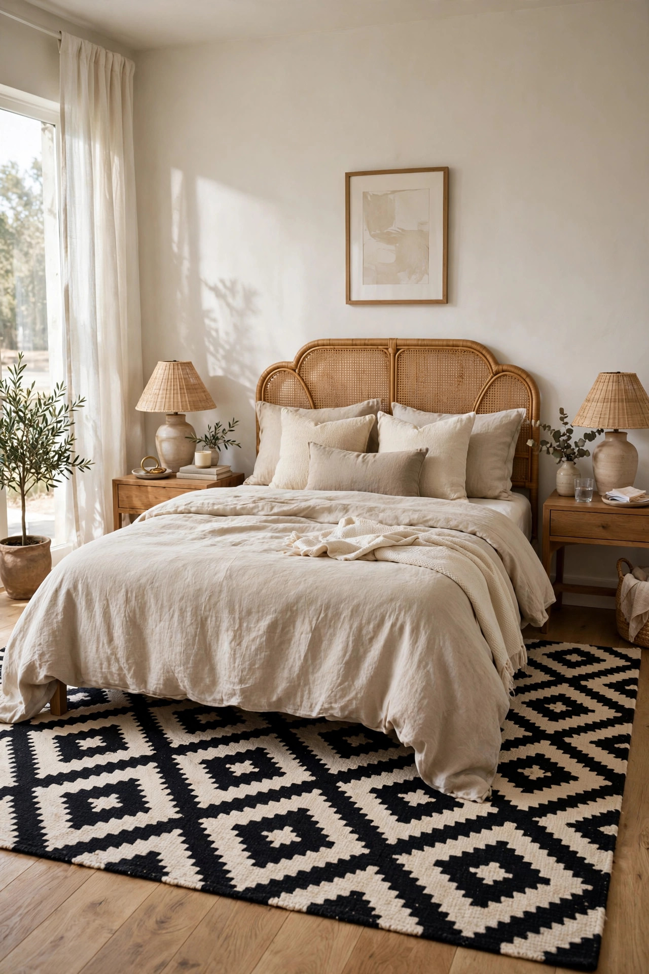 17 Art Deco Bedroom Ideas With a Modern Twist 16 A black and cream geometric patterned area rug laid under a bed in a bright bedroom.