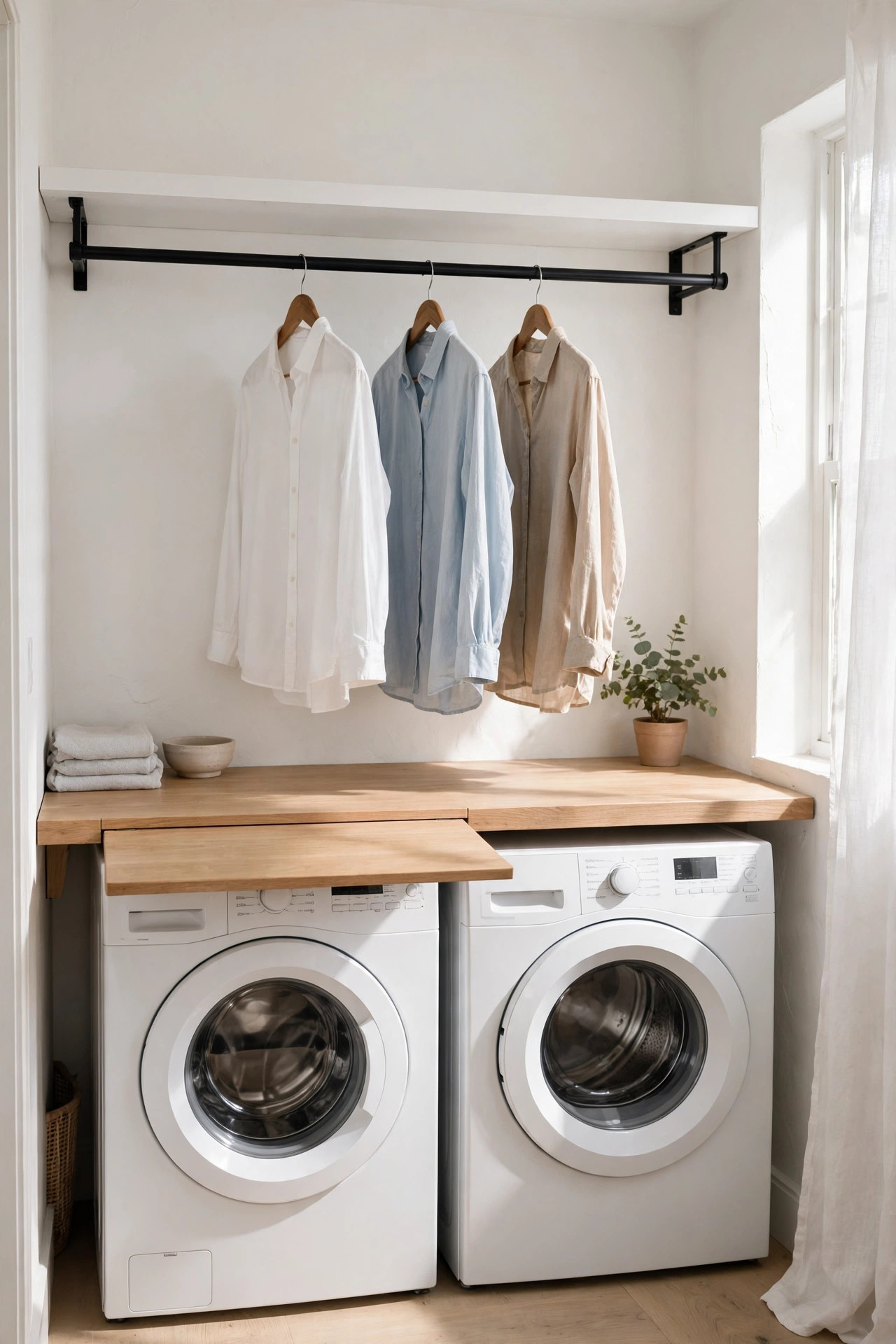 Matte black hanging rod with shirts on wooden hangers under a white shelf in a laundry room.