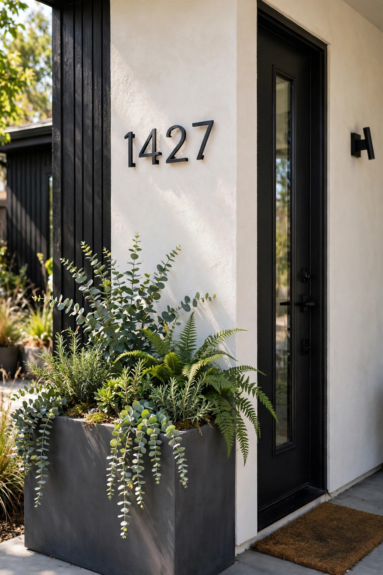 Small Front Yard Landscaping Ideas With Big Impact 16 Modern house numbers by a front door with a planter below.