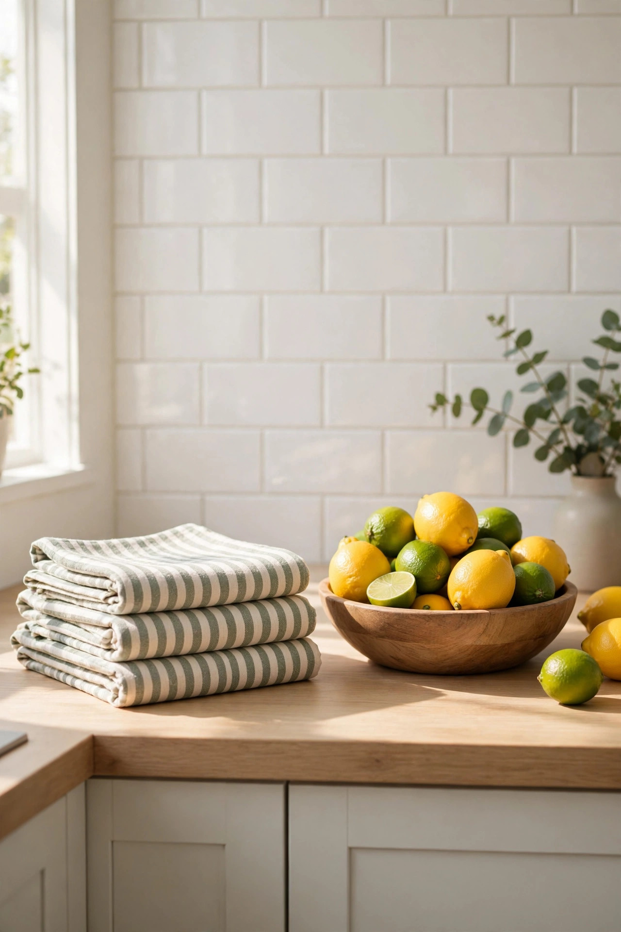 22 Decor Ideas Under $50 That Change Everything 16 Kitchen counter with folded striped towels and a wooden bowl of lemons and limes