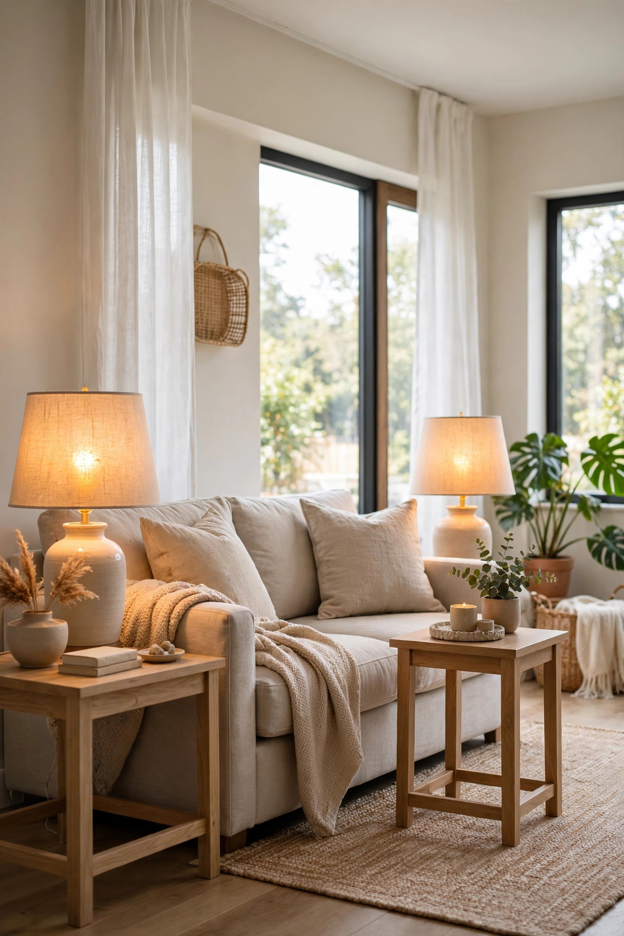 Cozy living room with two warm glowing table lamps on side tables