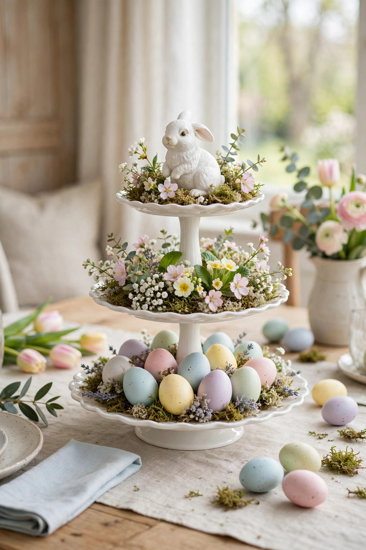 Tiered cake stand layered with eggs, flowers, and a bunny topper