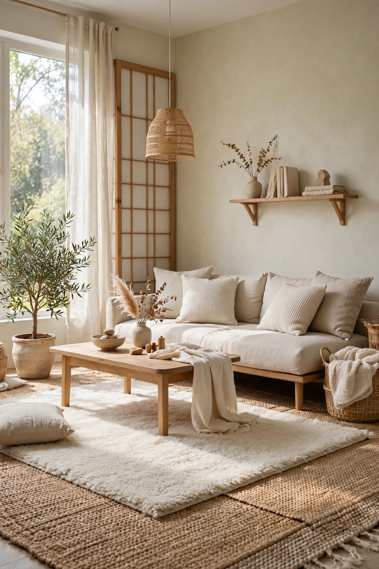 Layered natural fiber rugs, jute base with cream wool rug on top, in a Japandi living room