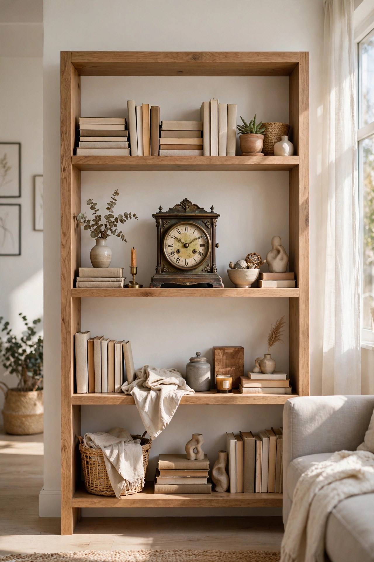 Vintage clock with roman numerals as the focal point on a central bookshelf