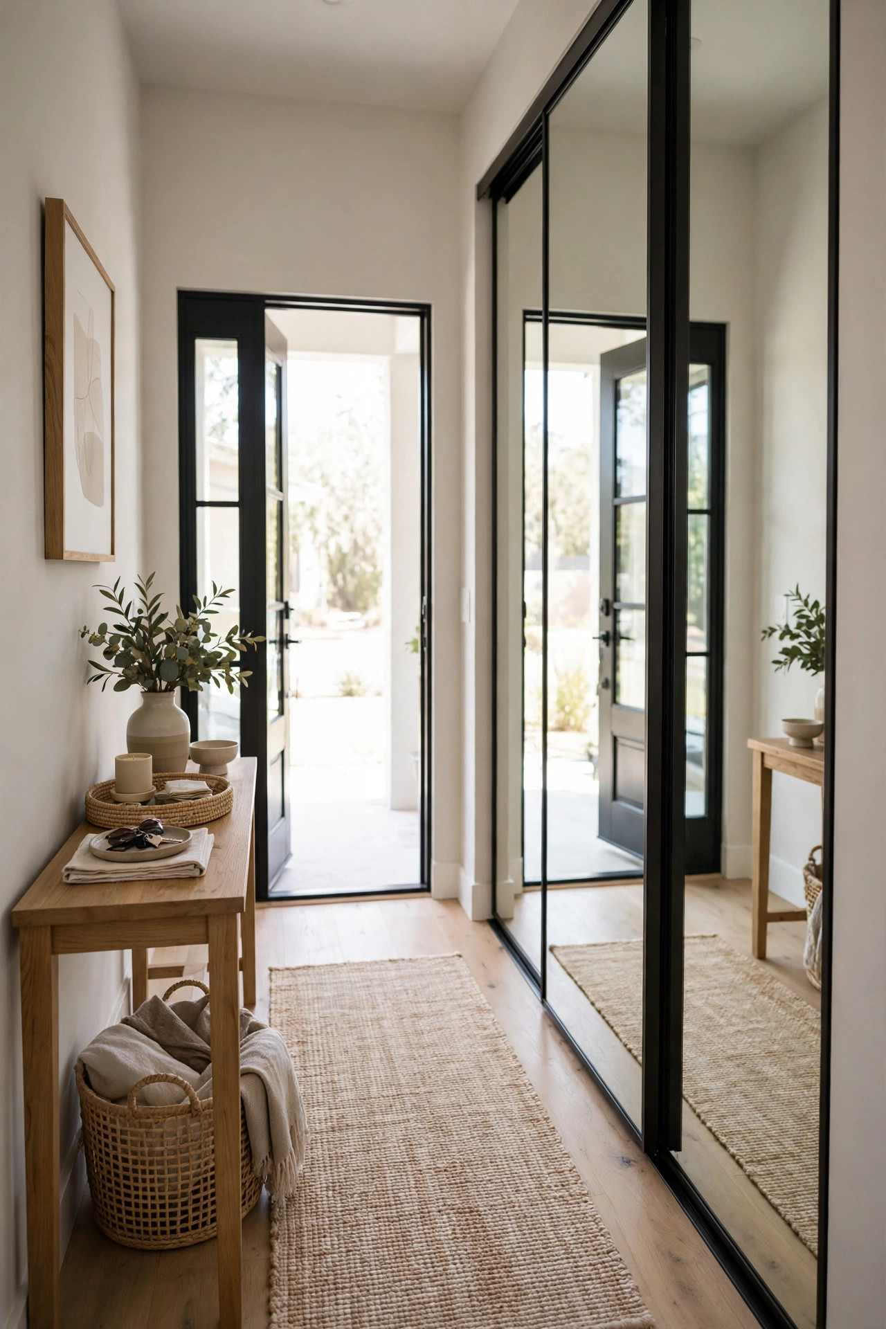 Entryway closet with mirrored sliding doors reflecting the foyer