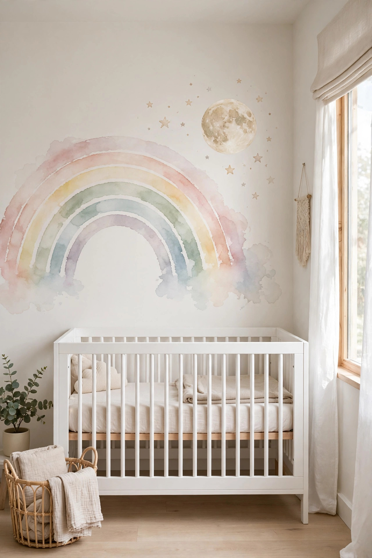 Soft rainbow and moon wall decals on the wall behind a white crib