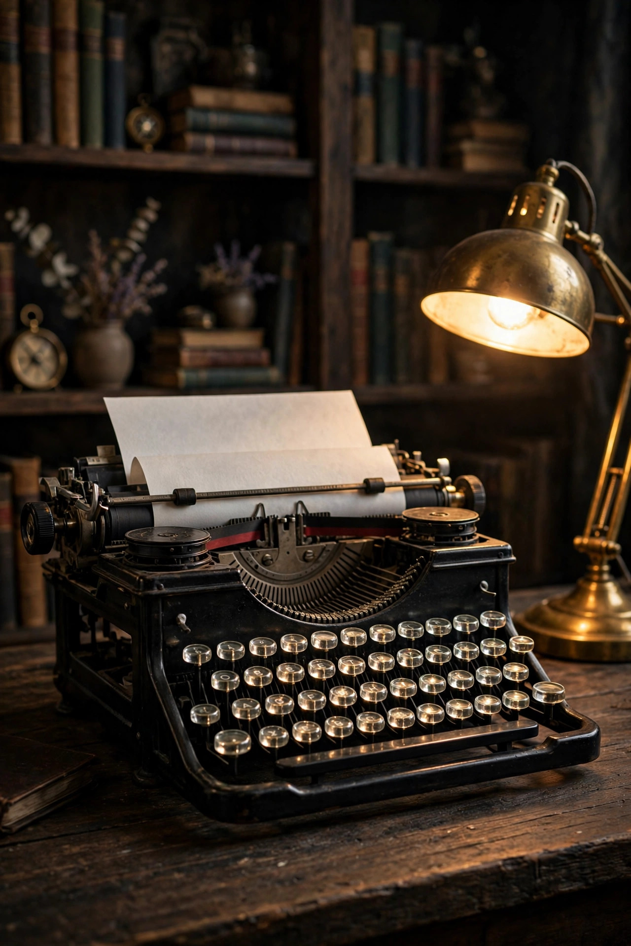 21 Dark Academia Room Decor Ideas That Feel Like an Old Library 16 Vintage black typewriter with round glass keys on a dark wood desk