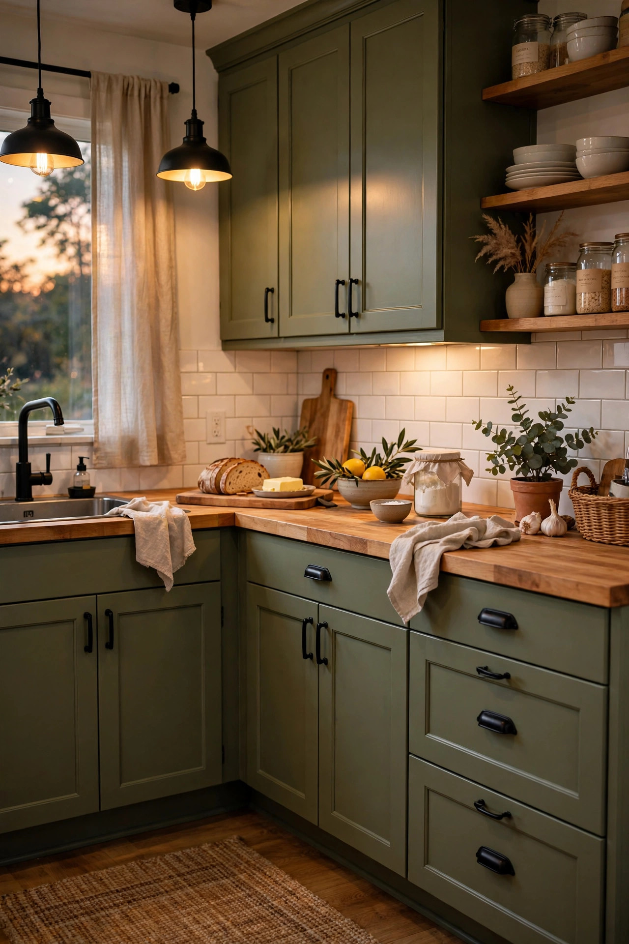 Olive Green Cabinets With Butcher Block