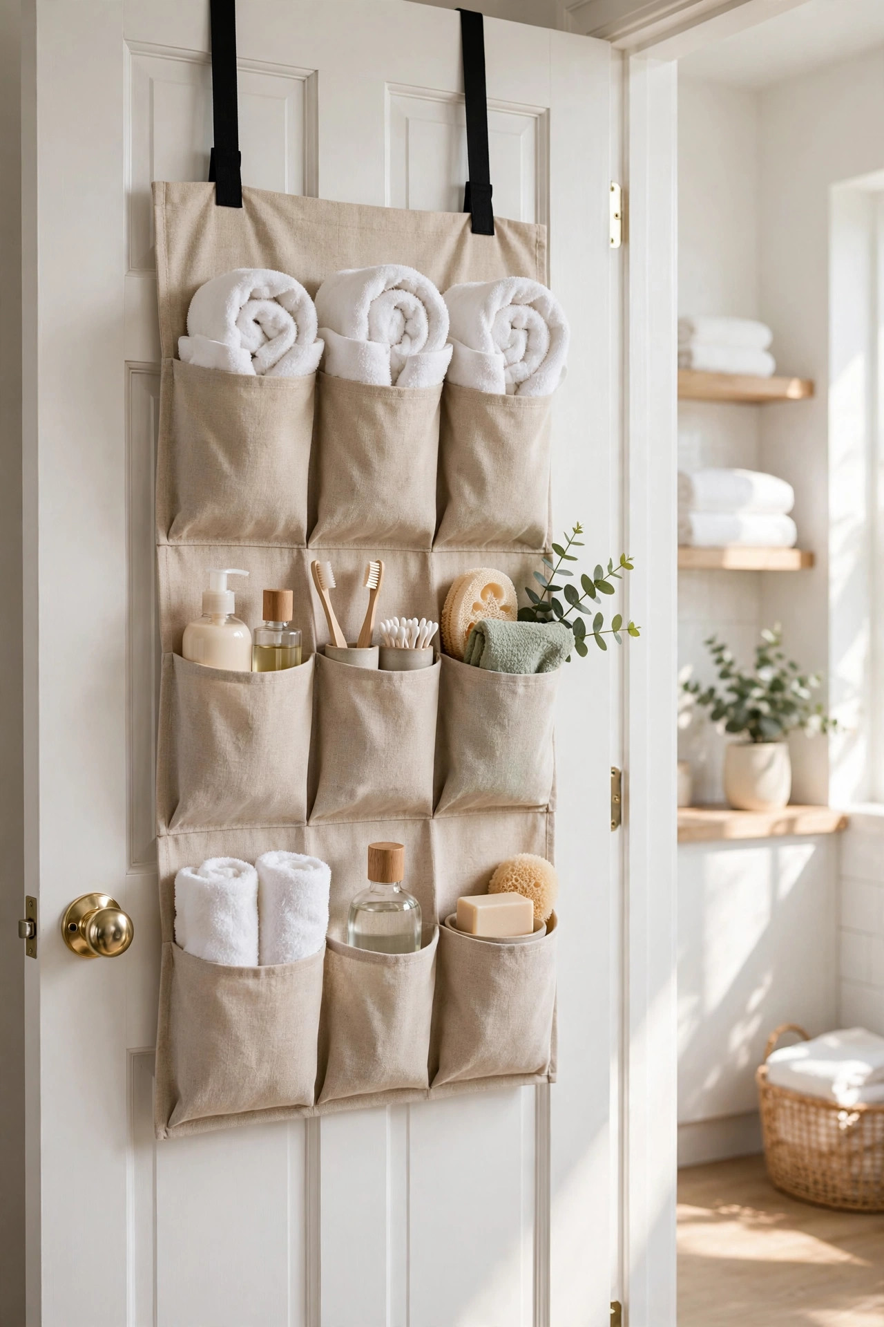 Bathroom door with an over the door organizer holding towels and toiletries.