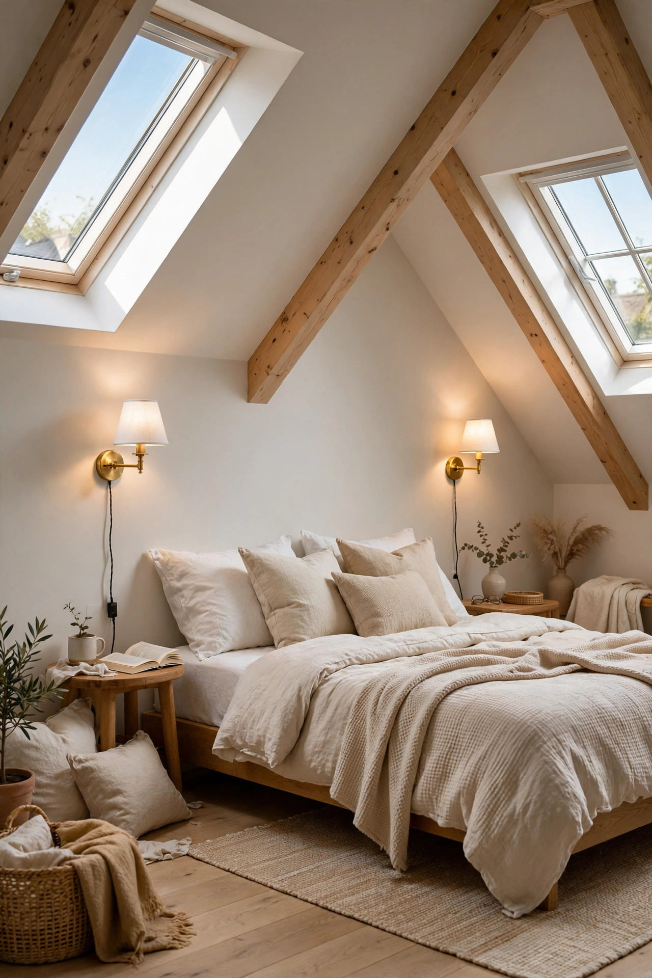 Plug in wall sconces mounted on sloped attic walls beside a cozy bed.