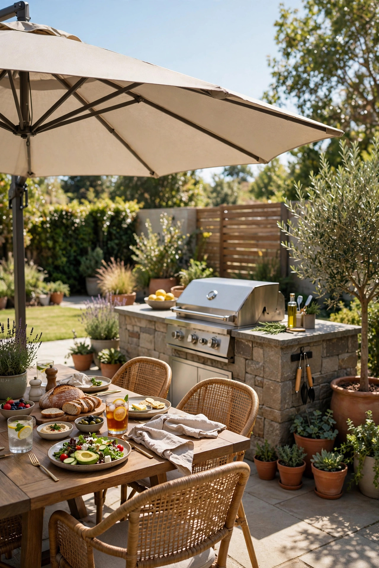 Large patio umbrella shading the outdoor dining area