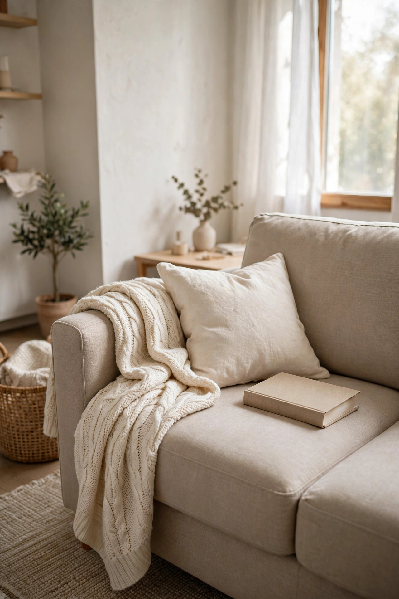 Soft cream knit throw blanket draped casually over the armrest of a beige loveseat