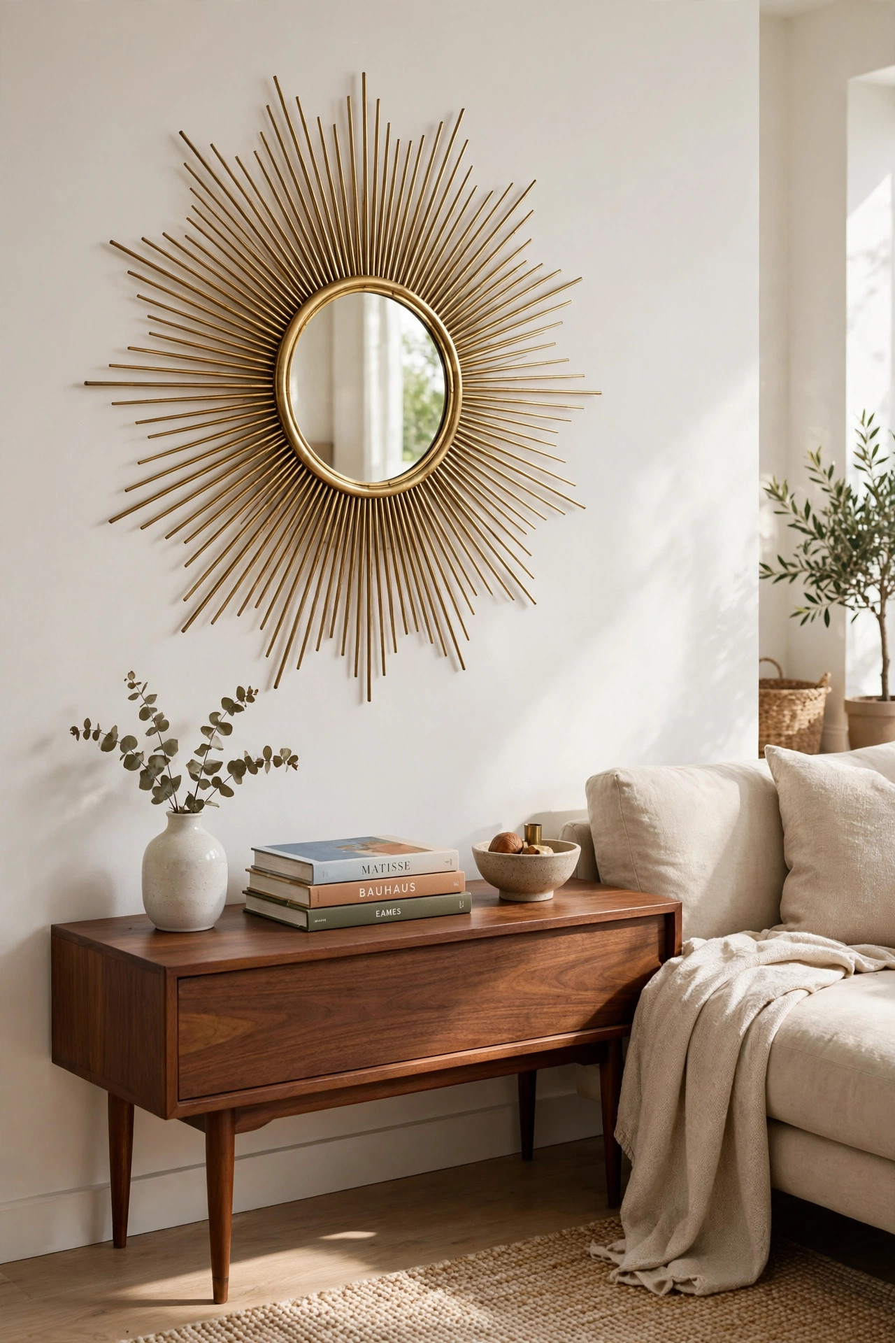 17 Mid-Century Modern Living Room Ideas That Still Feel Fresh 16 Brass sunburst mirror hung above a low walnut console table
