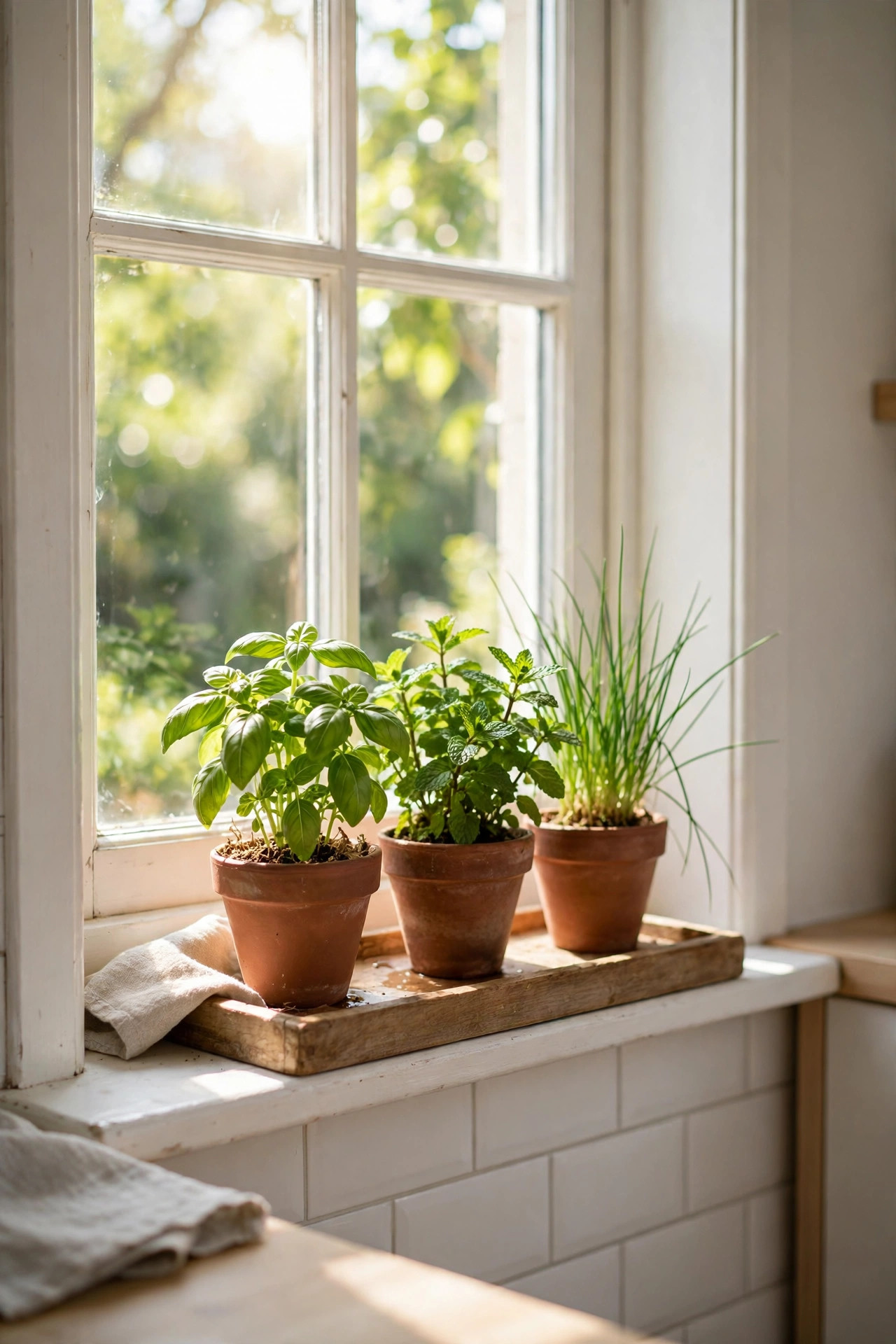 18 Renter-Friendly Kitchen Upgrades That Need Zero Permission 16 Terracotta pots of fresh basil, mint, and chives on a sunny windowsill