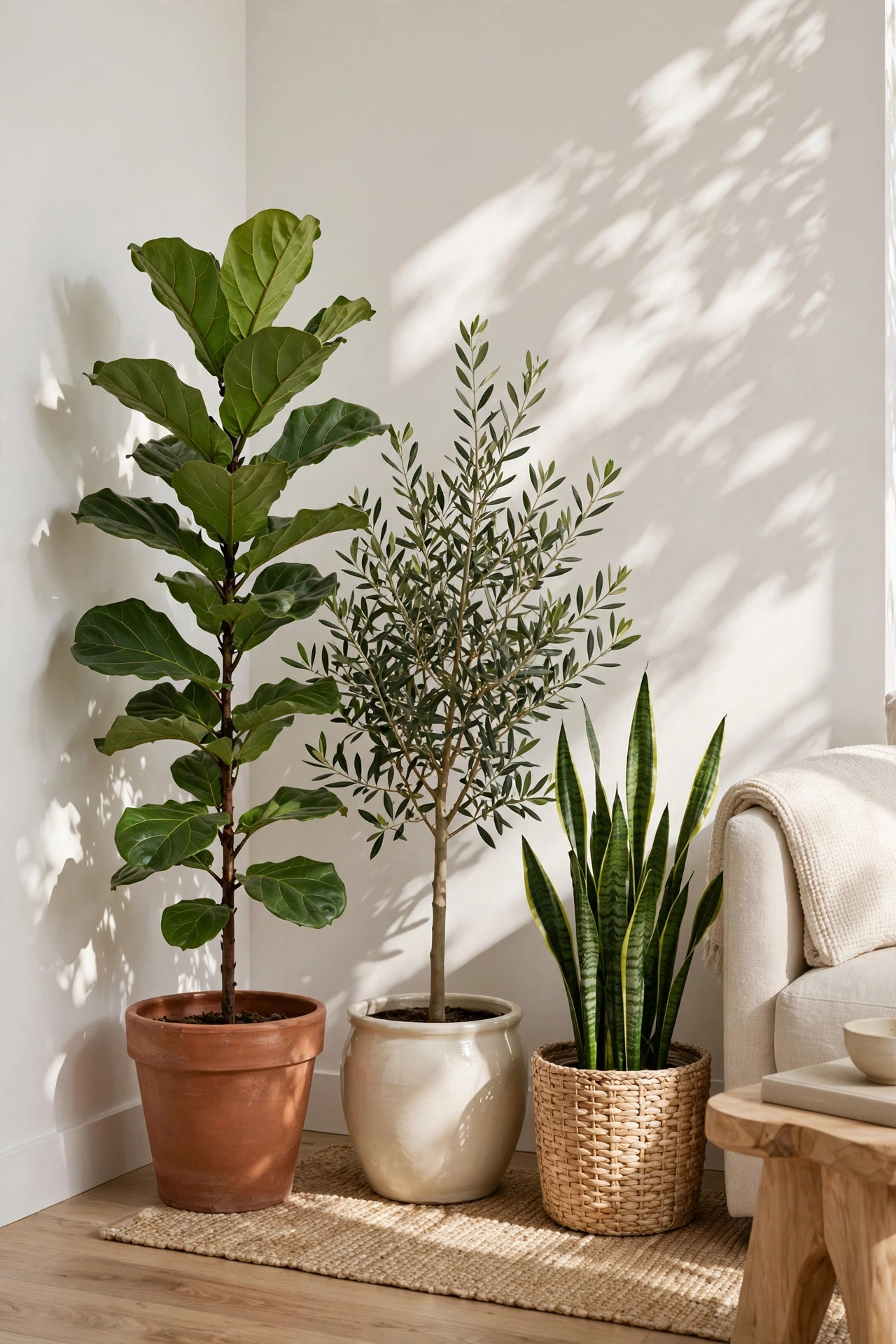 Corner of a living room with three tall plants in terracotta and ceramic pots