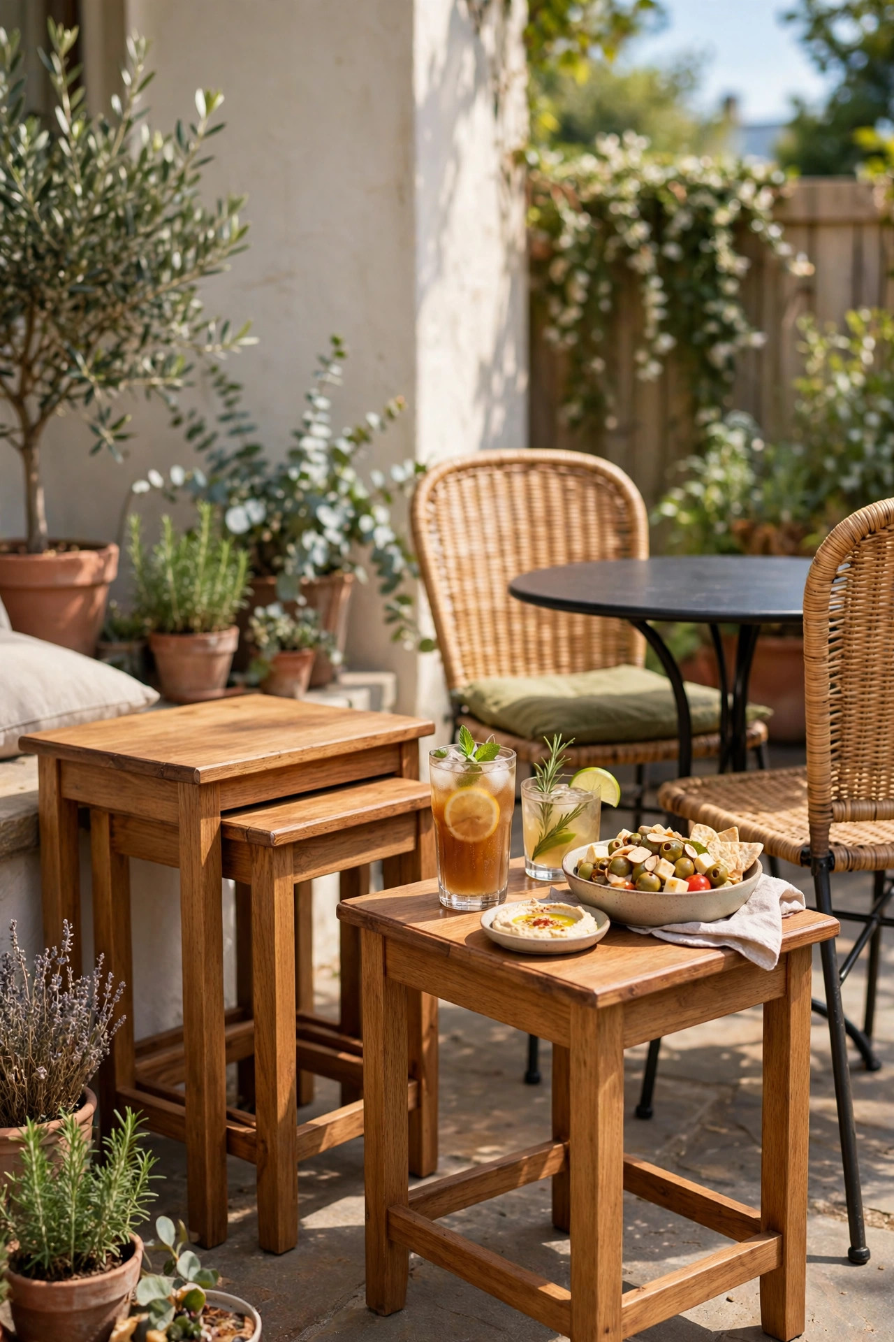 17 Outdoor Dining Ideas for Small Patios 16 Set of three wooden nesting side tables on a patio, one pulled out holding drinks and appetizers beside a dining set