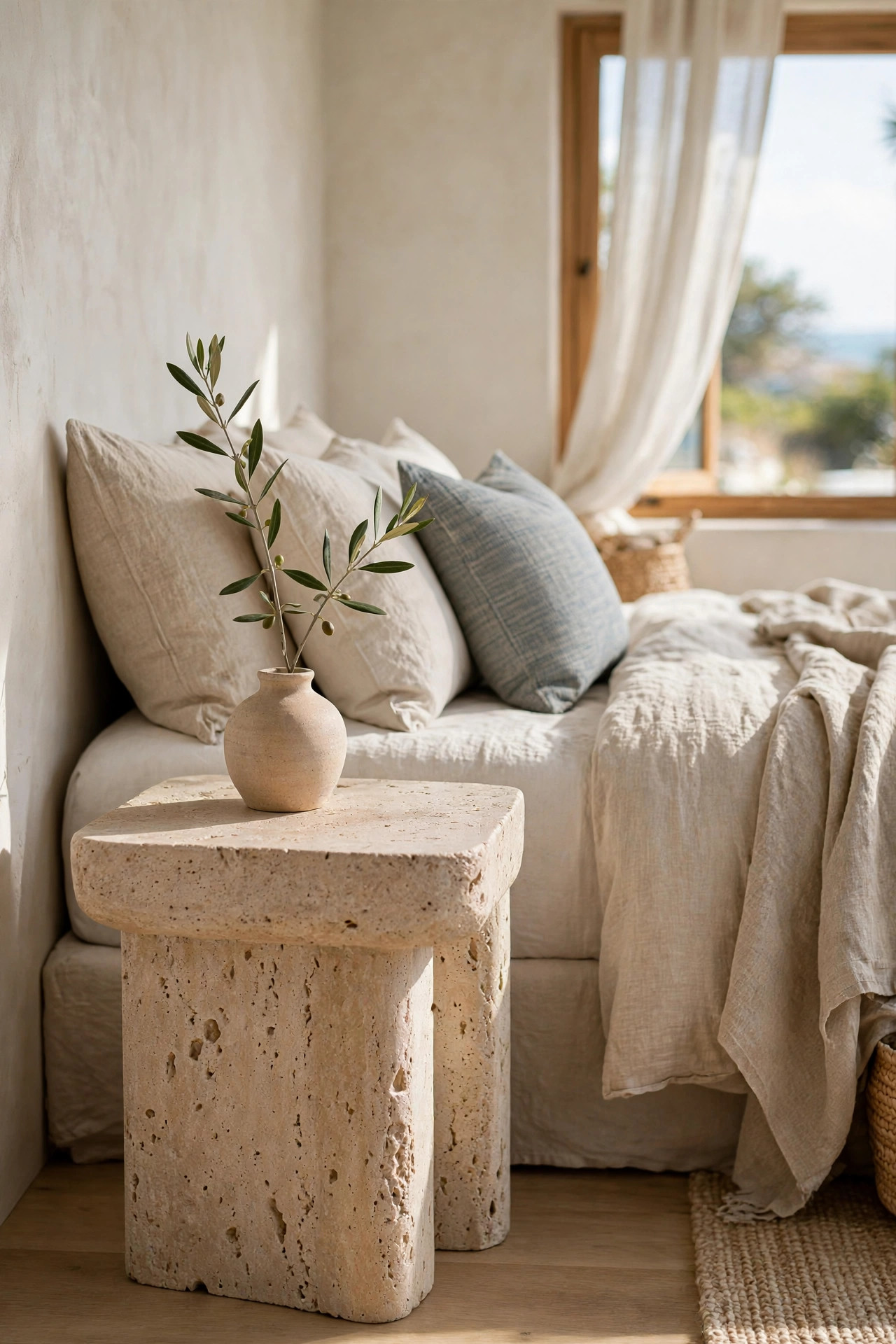 18 Coastal Bedroom Ideas Without the Cliches 16 Travertine stone side table with a small vase beside a bed