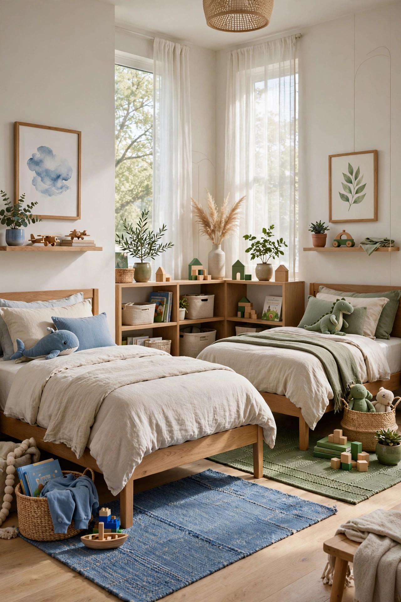 Two colorful rugs marking each side of a shared kids bedroom.