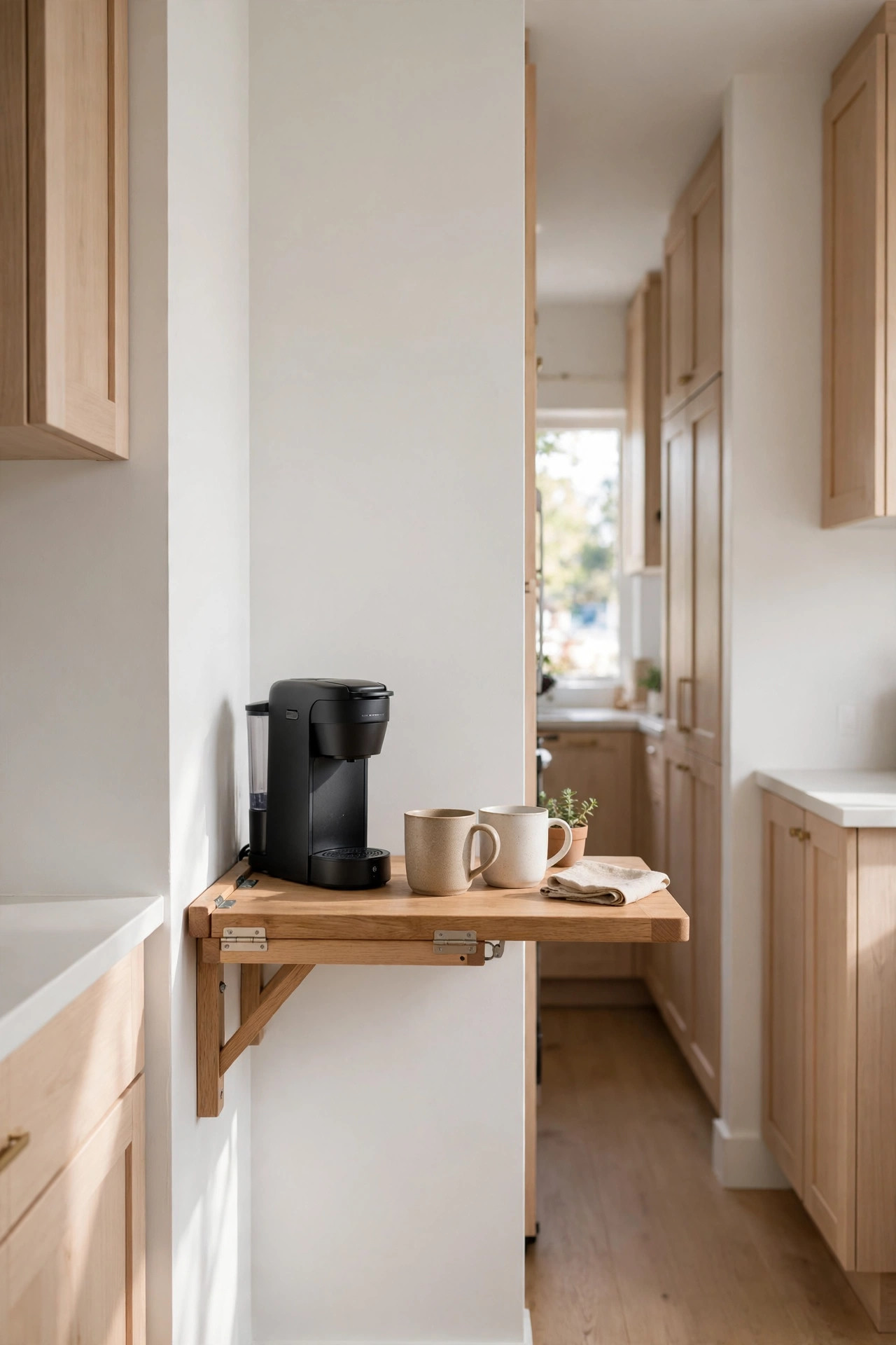 Fold-down wooden wall table in a tiny kitchen holding a compact coffee maker.