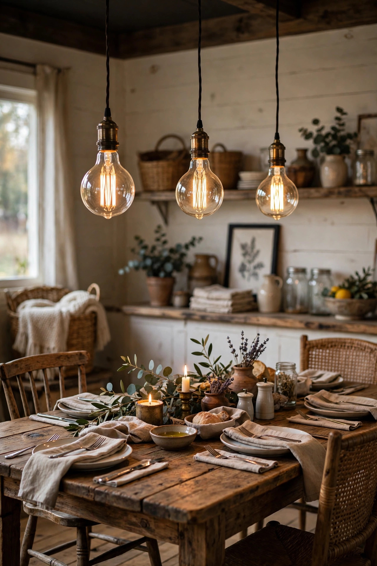 Vintage Edison bulb pendants with visible filaments glowing over a rustic farmhouse dining table.