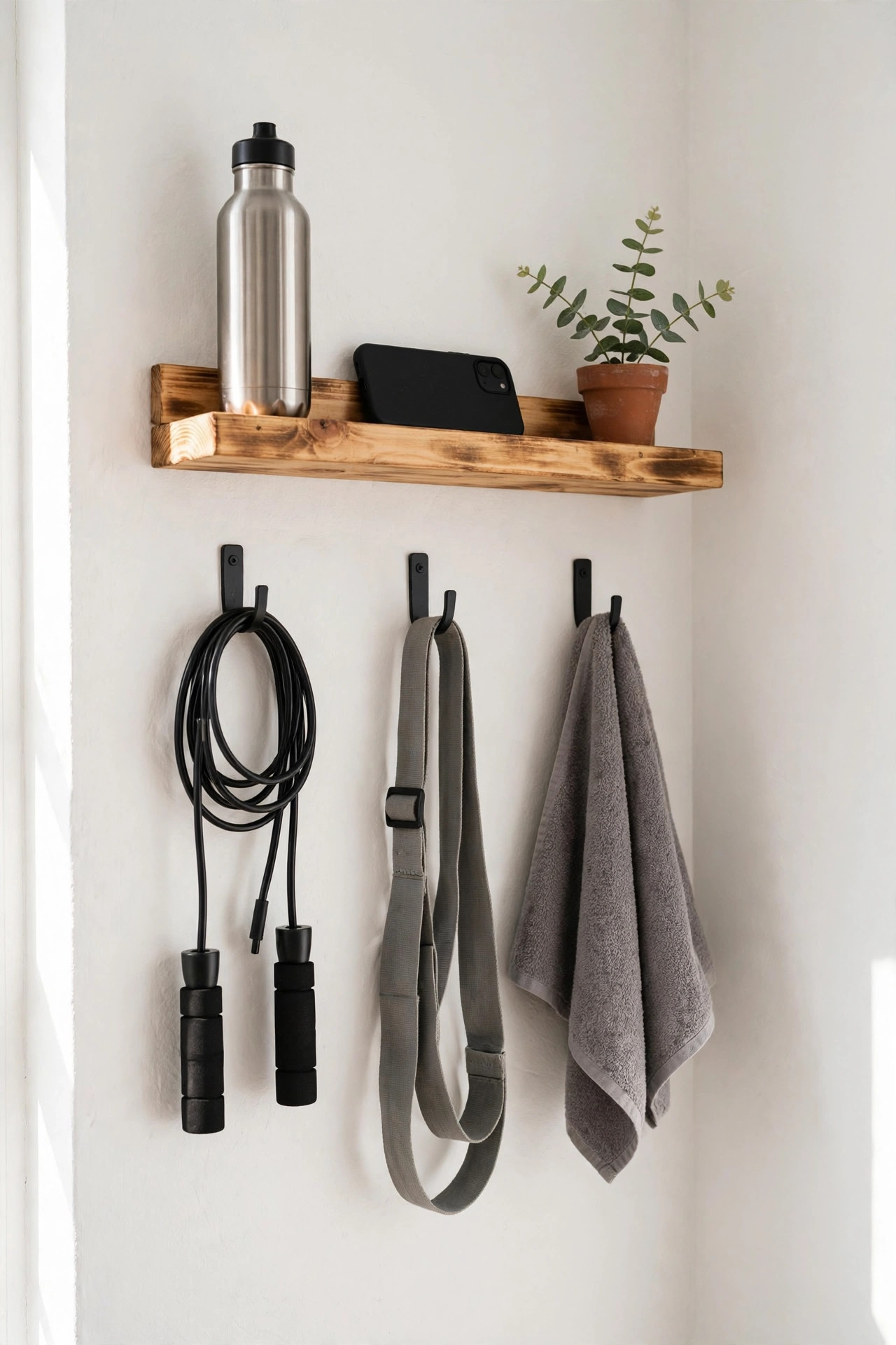 17 Small Home Gym Ideas That Fit in Any Corner 16 Wall hooks holding jump rope and strap with a small shelf above