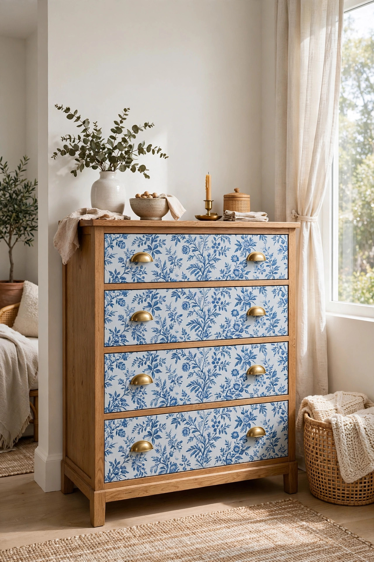 Wooden dresser with blue patterned peel and stick wallpaper on drawer fronts.
