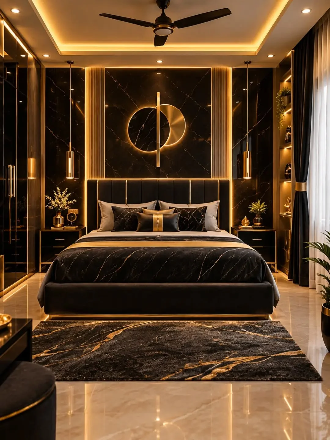A dark bedroom with black bedding, gold accents and warm lighting