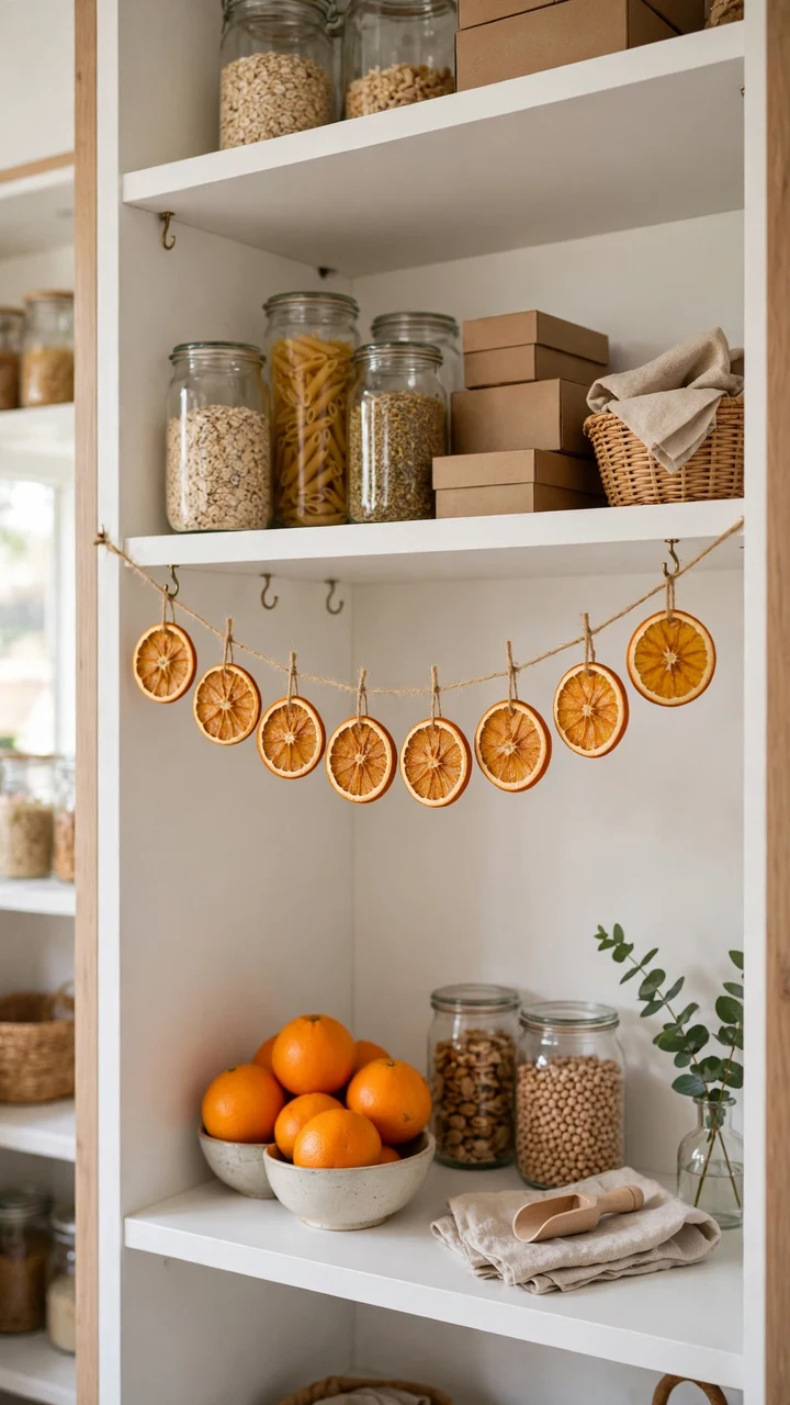 A string of dried orange slices hanging across white pantry shelves holding jars, boxes and a bowl of oranges.