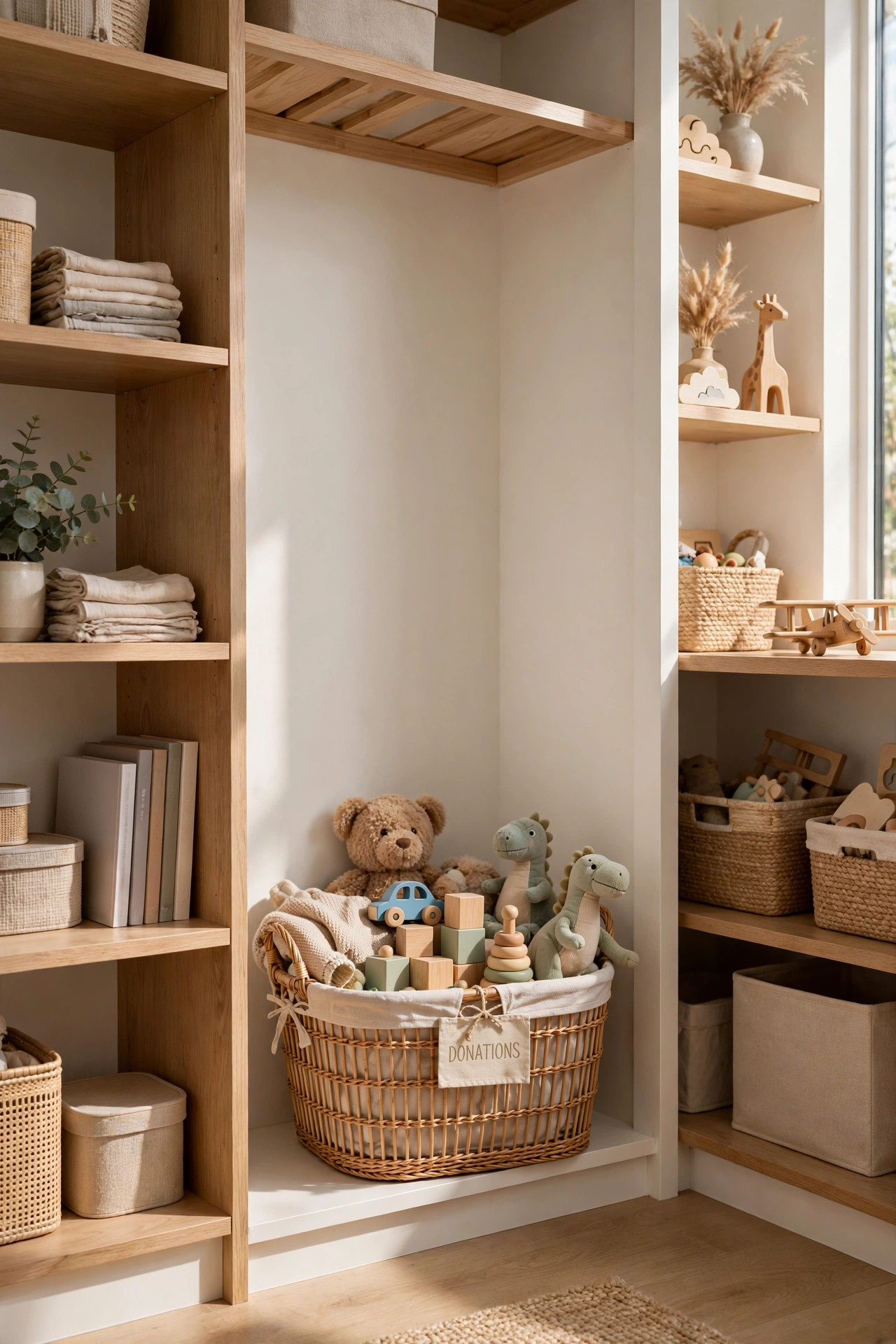 16 Playroom Ideas That Keep the Mess Contained 17 A neat donation basket in a closet nook holding outgrown toys and a stuffed animal.