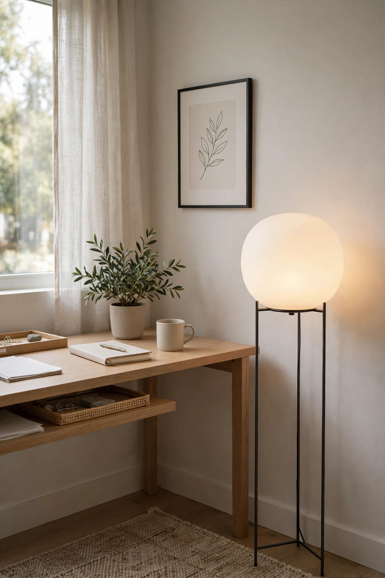 A minimalist frosted white globe floor lamp on a slim stand glowing softly in a home office corner.