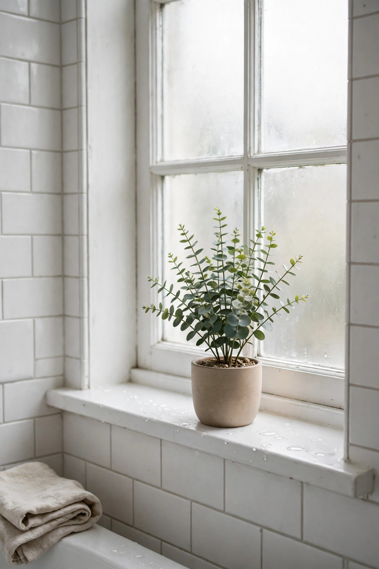 Small potted eucalyptus plant on a white bathroom windowsill.
