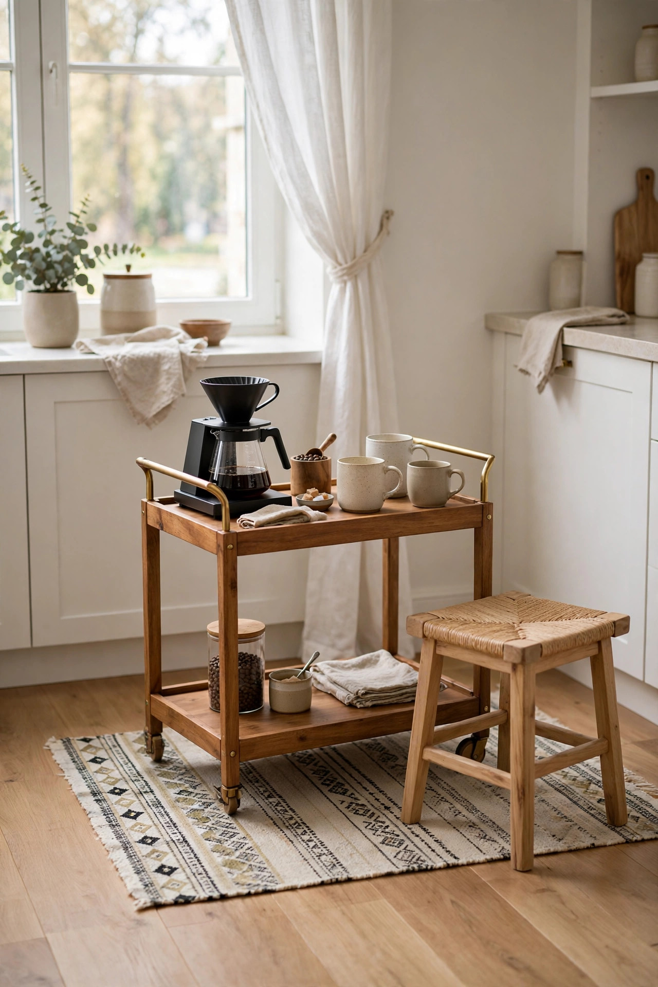 Small patterned rug under a bar cart coffee station in a bright kitchen corner.
